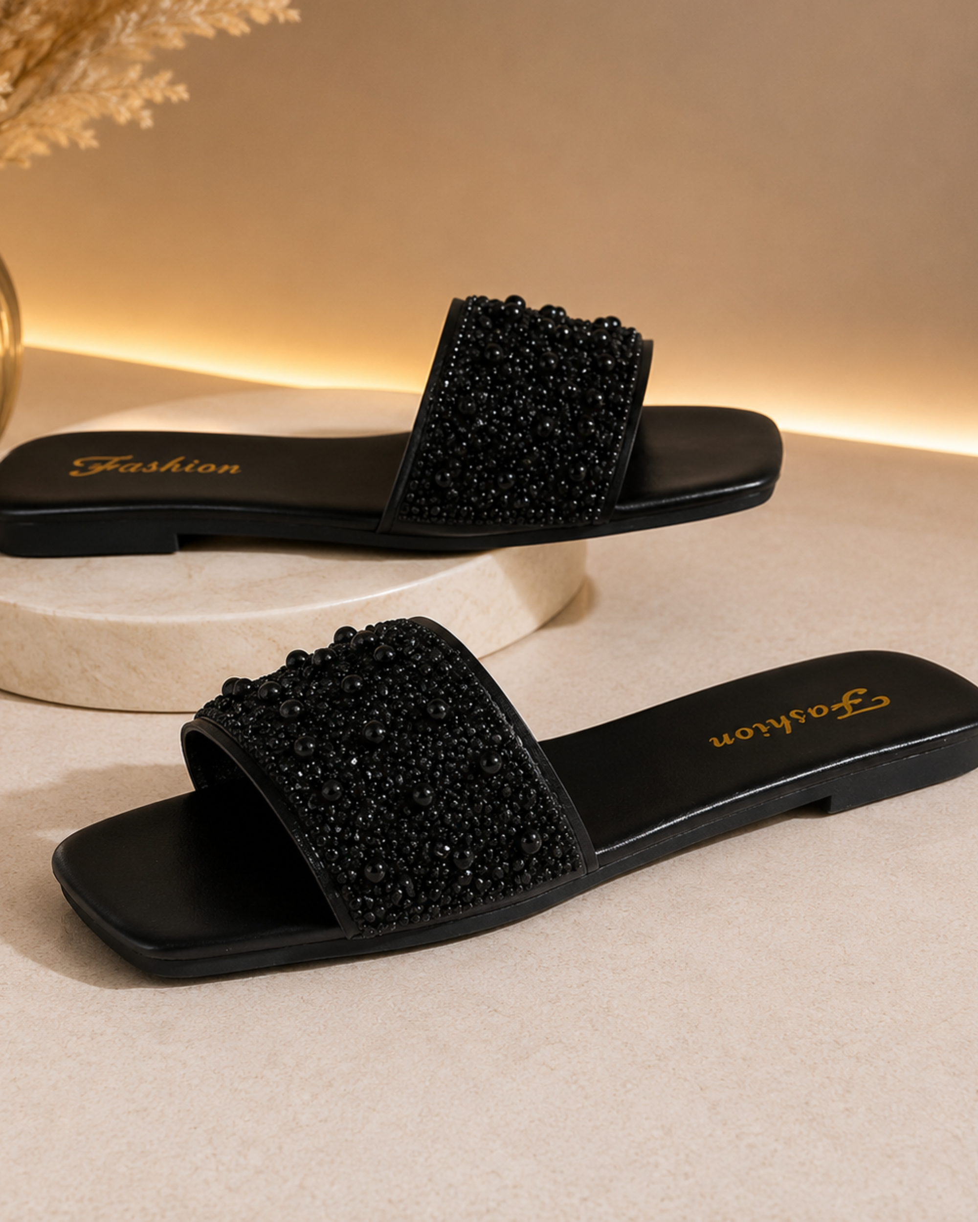 Sandalias Slip-On Glam Black con Brillos | Elegancia y Comodidad para Mujer