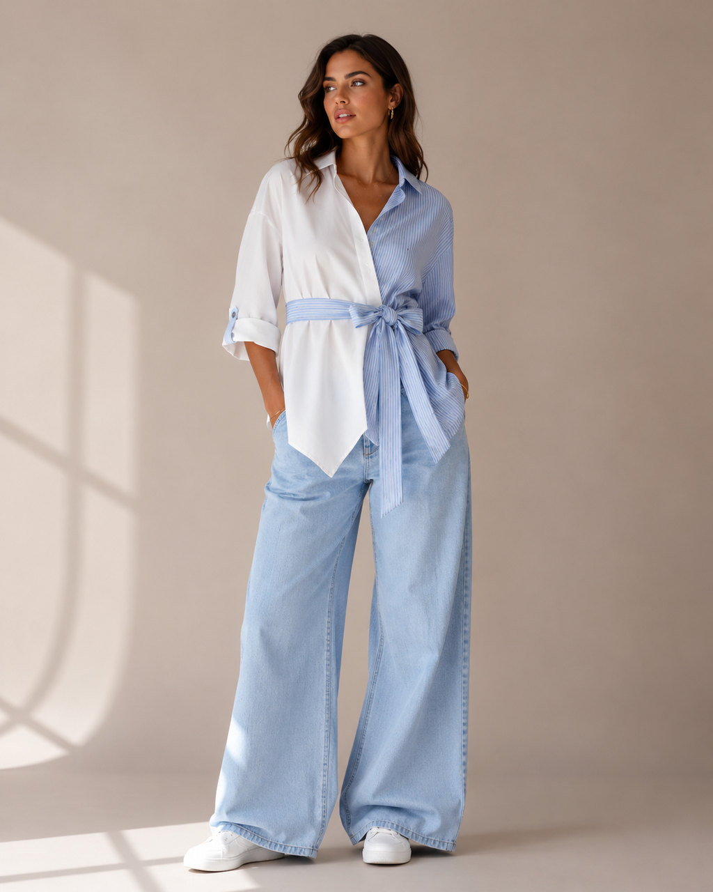 Camisa Bicolor Asimétrica con Lazo + Jeans Wide Leg Denim Claro | Look Veraniego Elegante
