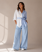 Camisa Bicolor Asimétrica con Lazo + Jeans Wide Leg Denim Claro | Look Veraniego Elegante