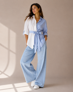 Camisa Bicolor Asimétrica con Lazo + Jeans Wide Leg Denim Claro | Look Veraniego Elegante