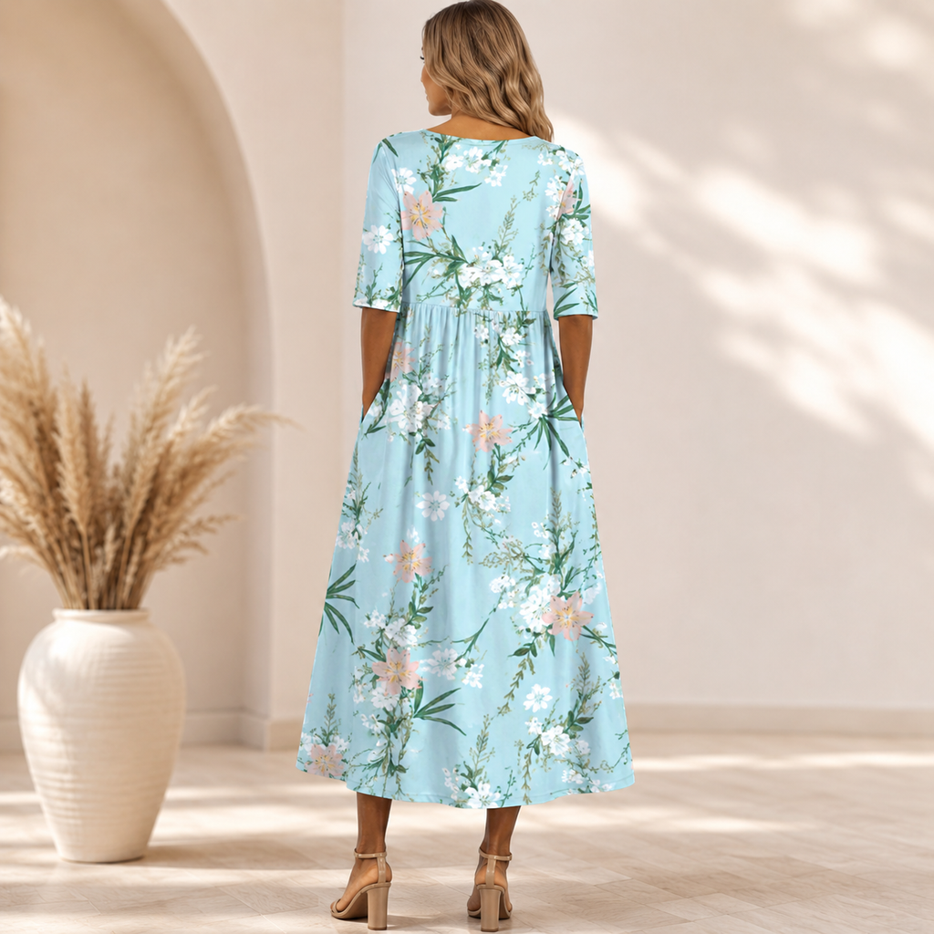 Ross|Vestido Largo Floral Celeste – Elegancia y Comodidad para Cualquier Ocasión