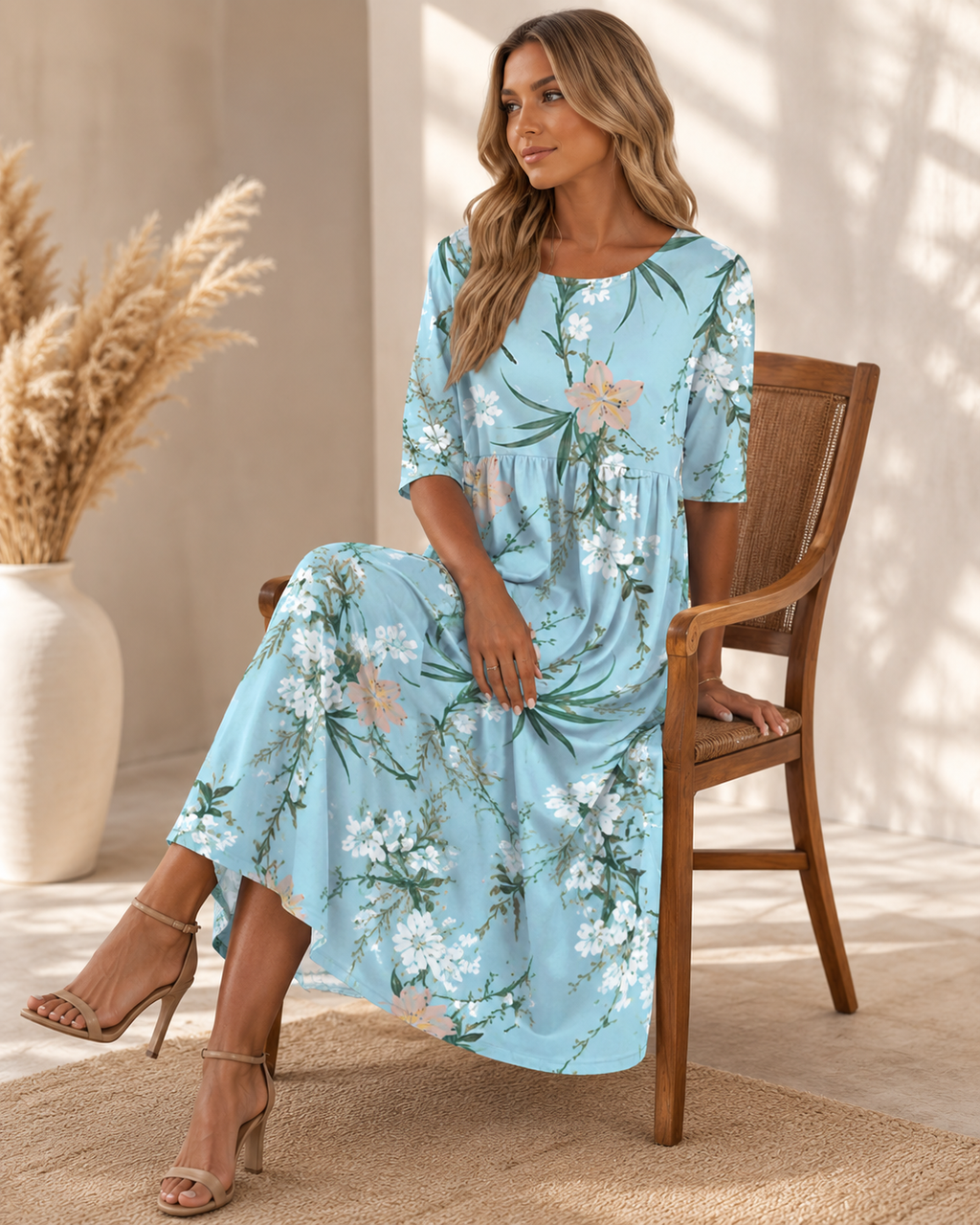 Ross|Vestido Largo Floral Celeste – Elegancia y Comodidad para Cualquier Ocasión