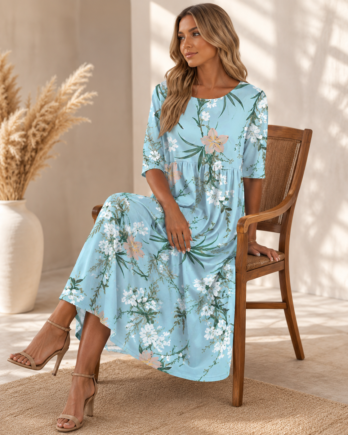 Ross|Vestido Largo Floral Celeste – Elegancia y Comodidad para Cualquier Ocasión