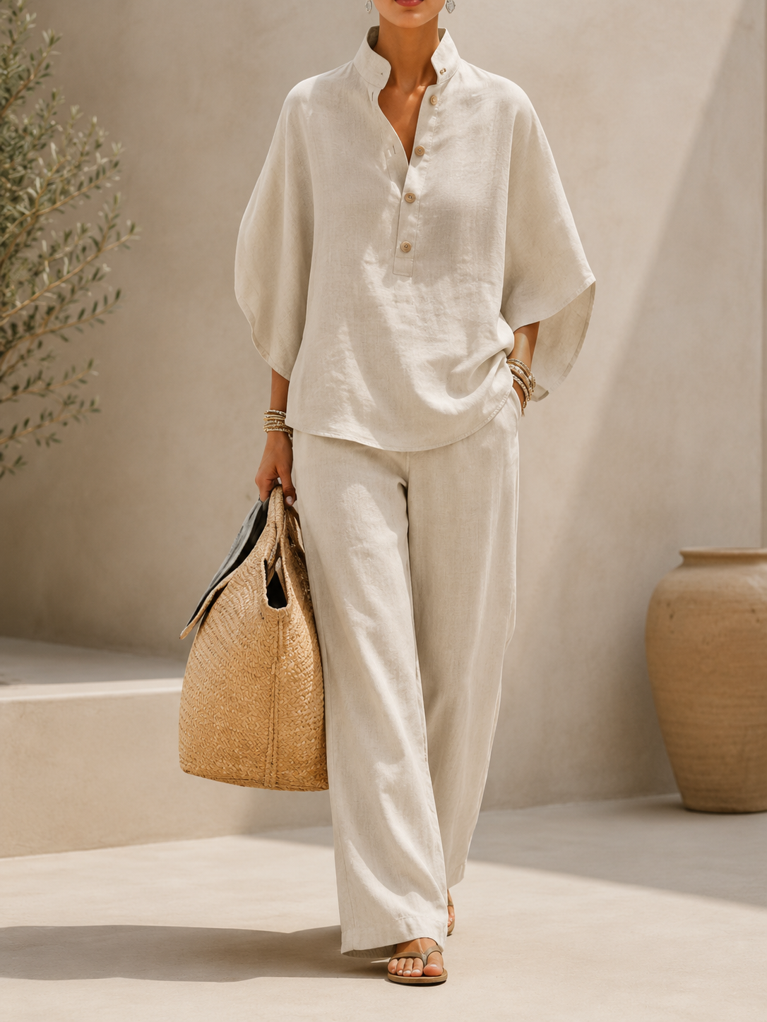 Maribel | Conjunto de lino con mangas murciélago y pantalón ancho
