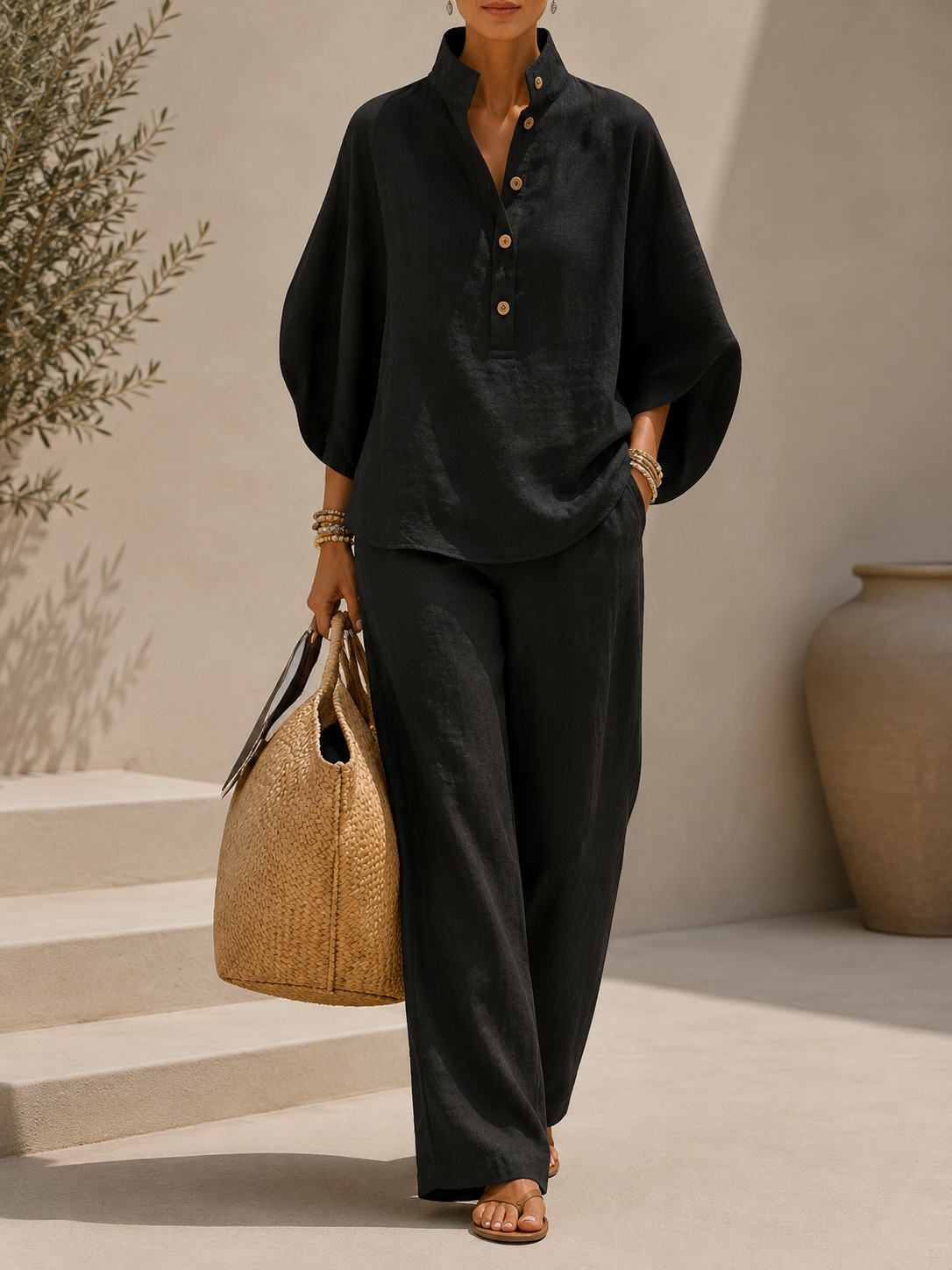 Maribel | Conjunto de lino con mangas murciélago y pantalón ancho