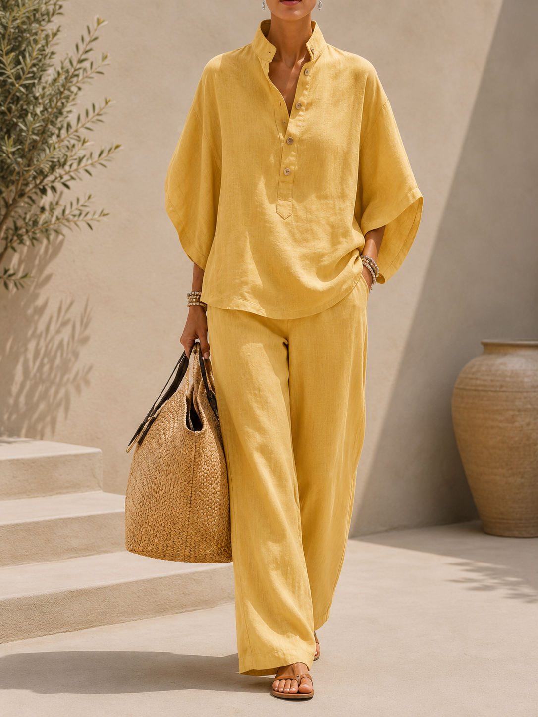 Maribel | Conjunto de lino con mangas murciélago y pantalón ancho