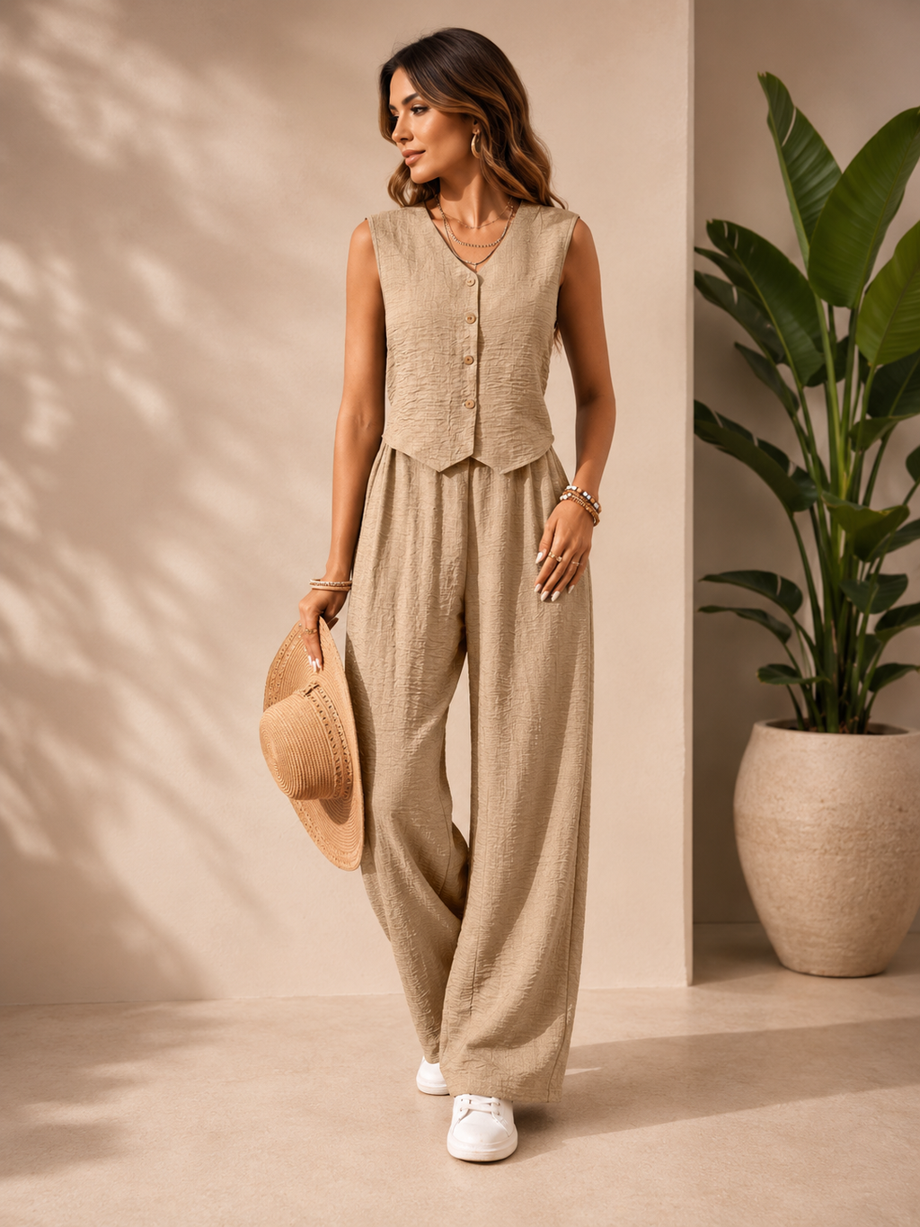 Conjunto Elegante de Dos Piezas para Mujer – Chaleco sin Mangas y Pantalón Palazzo