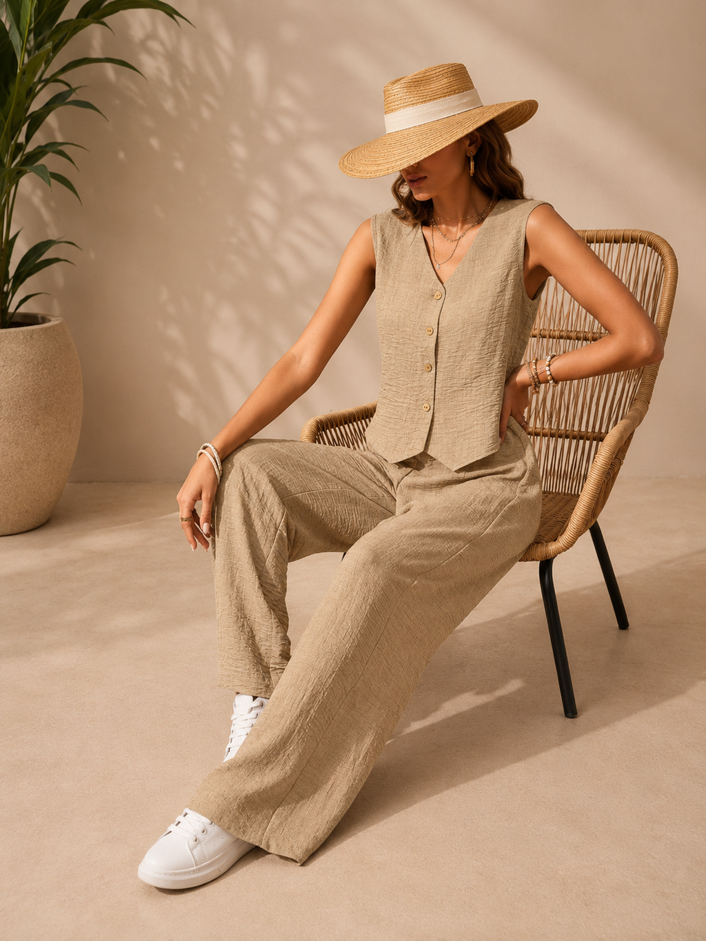 Conjunto Elegante de Dos Piezas para Mujer – Chaleco sin Mangas y Pantalón Palazzo