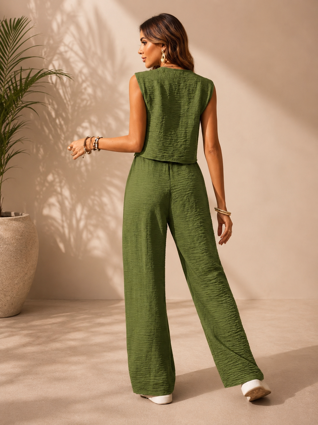 Conjunto Elegante de Dos Piezas para Mujer – Chaleco sin Mangas y Pantalón Palazzo