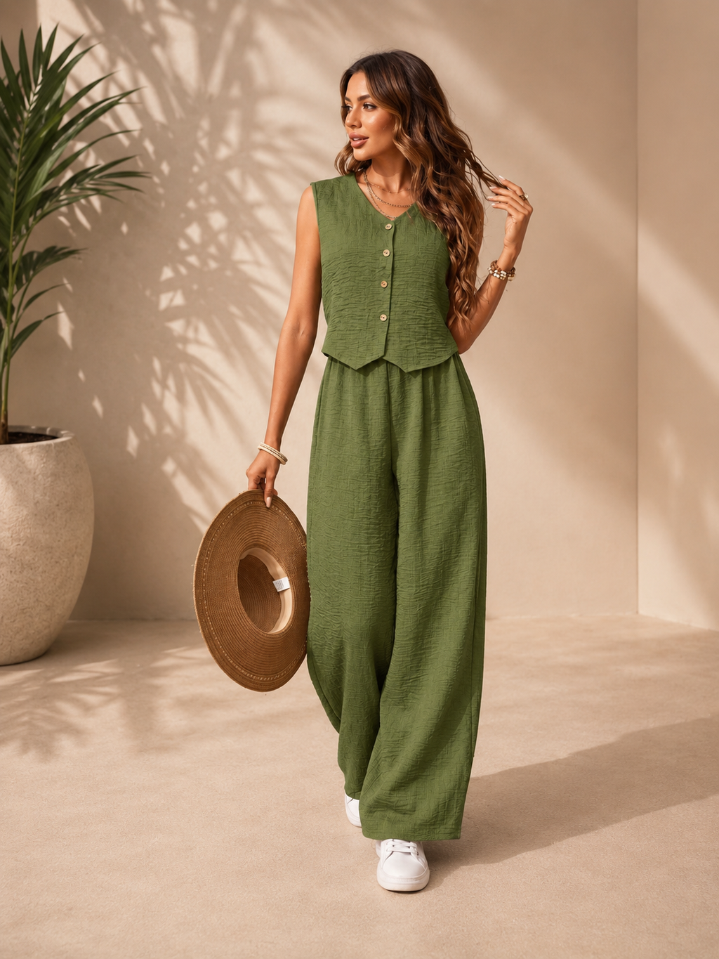 Conjunto Elegante de Dos Piezas para Mujer – Chaleco sin Mangas y Pantalón Palazzo