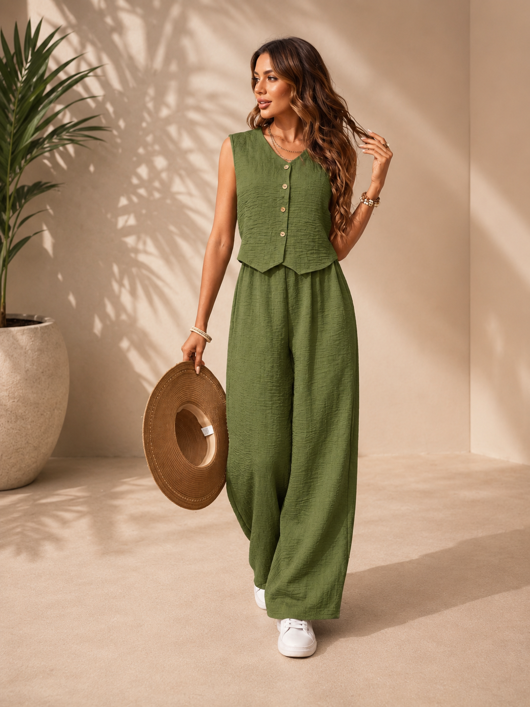 Conjunto Elegante de Dos Piezas para Mujer – Chaleco sin Mangas y Pantalón Palazzo