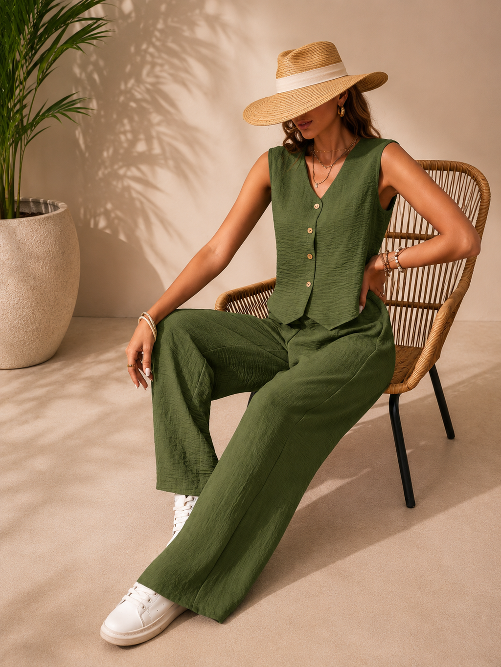 Conjunto Elegante de Dos Piezas para Mujer – Chaleco sin Mangas y Pantalón Palazzo