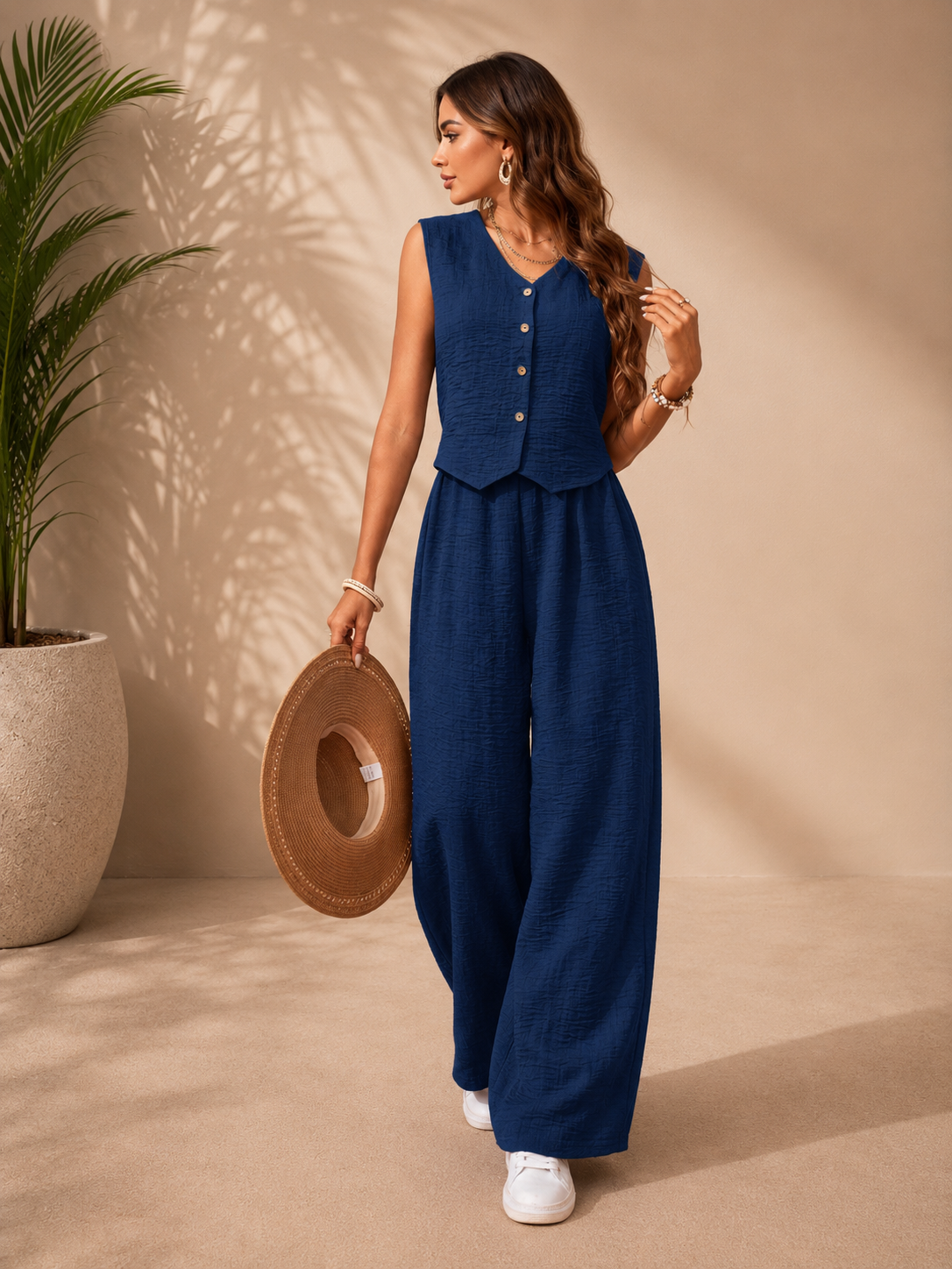 Conjunto Elegante de Dos Piezas para Mujer – Chaleco sin Mangas y Pantalón Palazzo