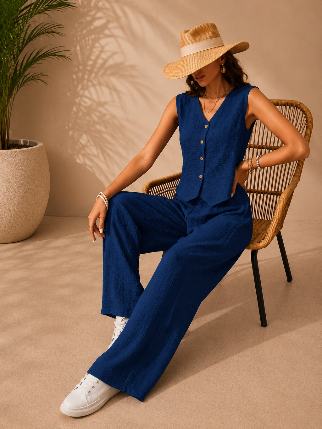 Conjunto Elegante de Dos Piezas para Mujer – Chaleco sin Mangas y Pantalón Palazzo
