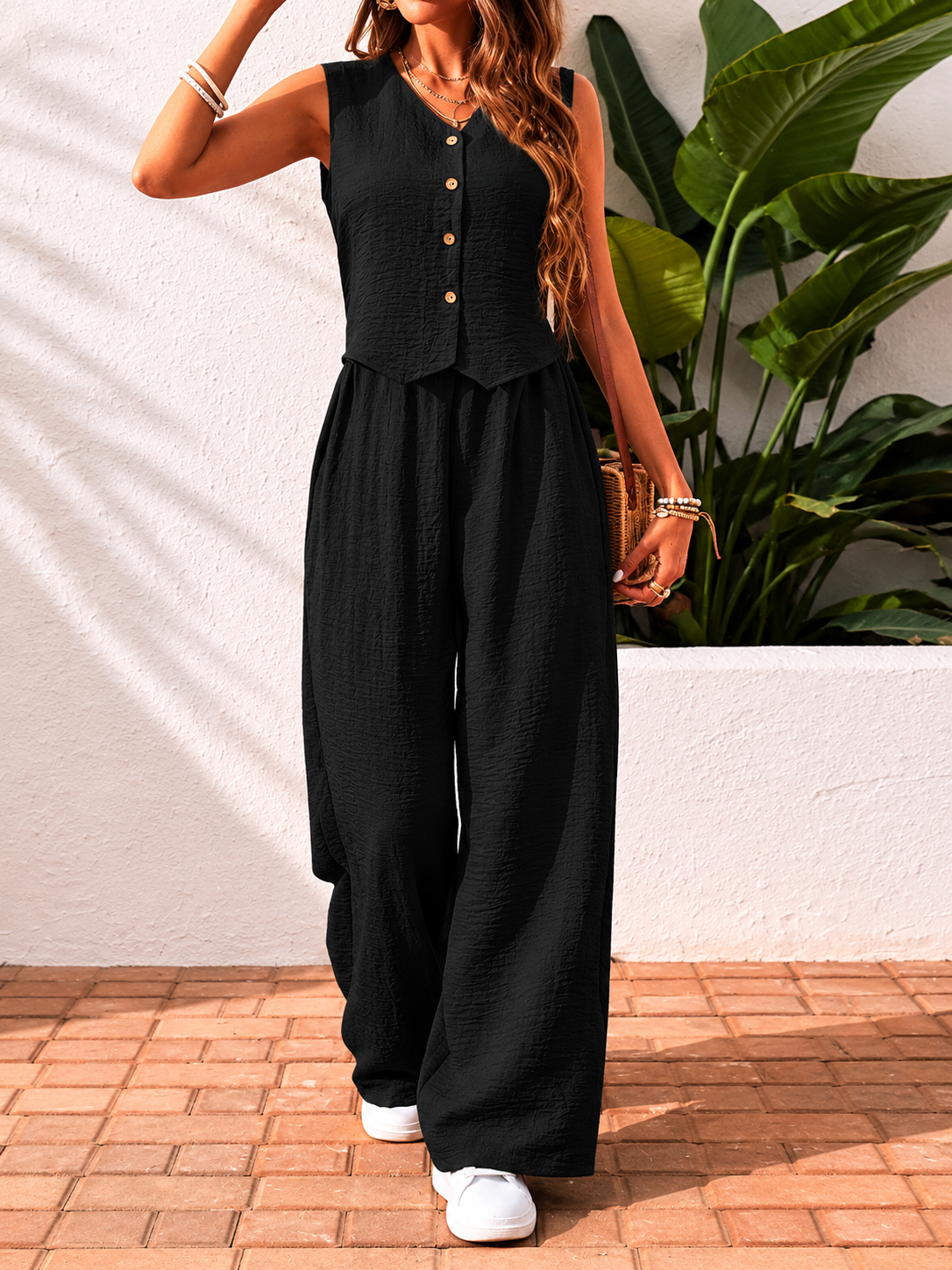 Conjunto Elegante de Dos Piezas para Mujer – Chaleco sin Mangas y Pantalón Palazzo