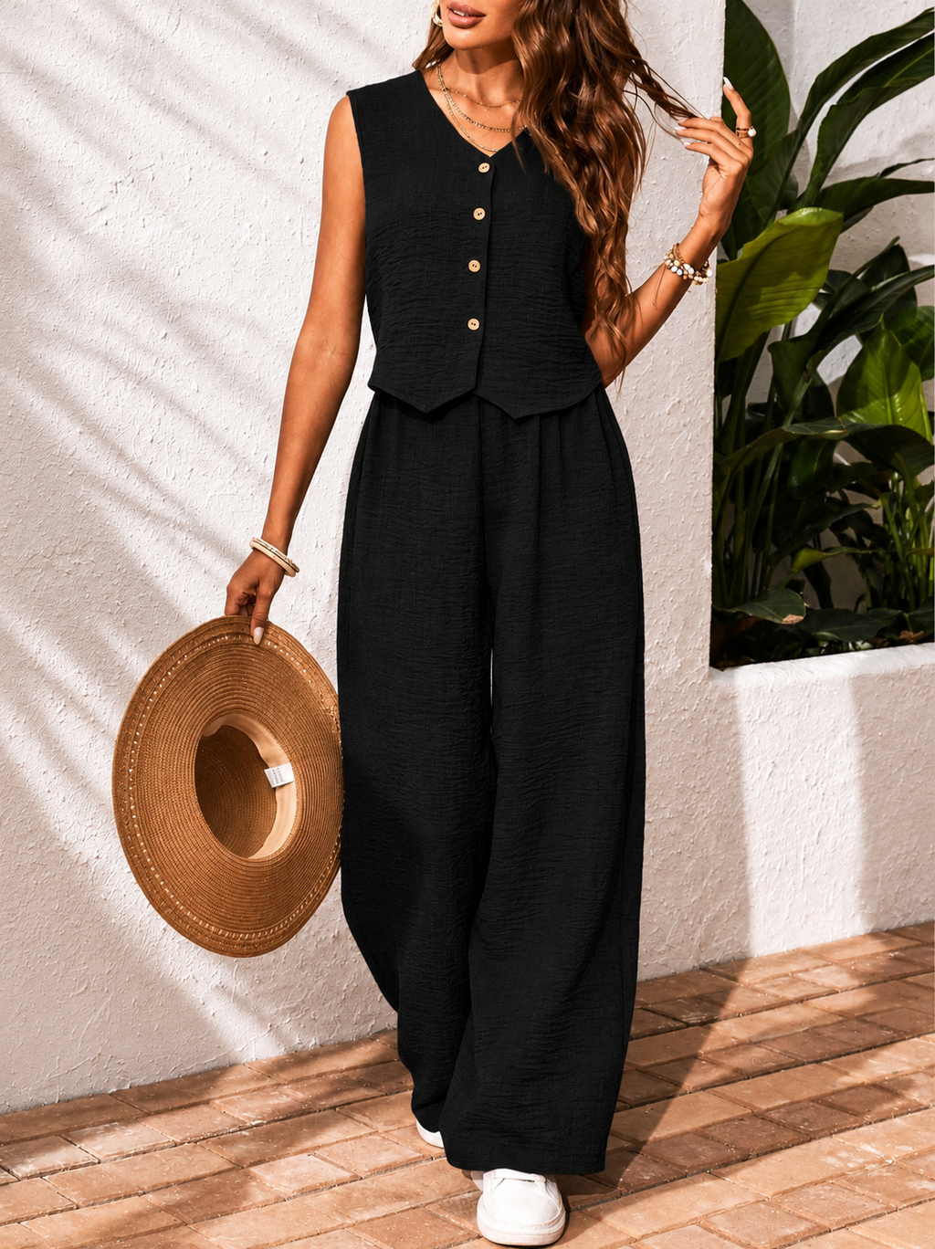 Conjunto Elegante de Dos Piezas para Mujer – Chaleco sin Mangas y Pantalón Palazzo