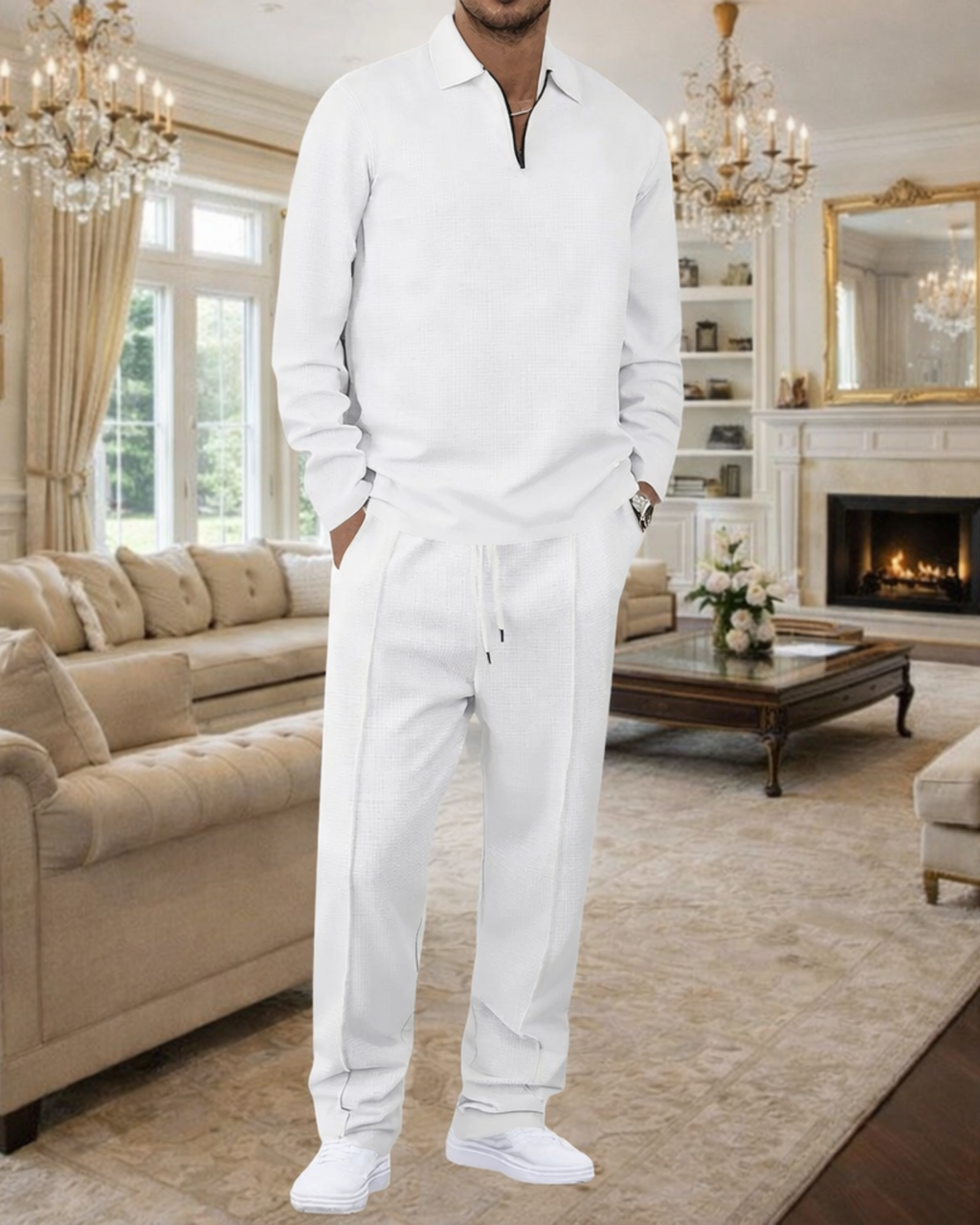 Conjunto de hombre compuesto por sudadera de punto gofre y pantalón recto.