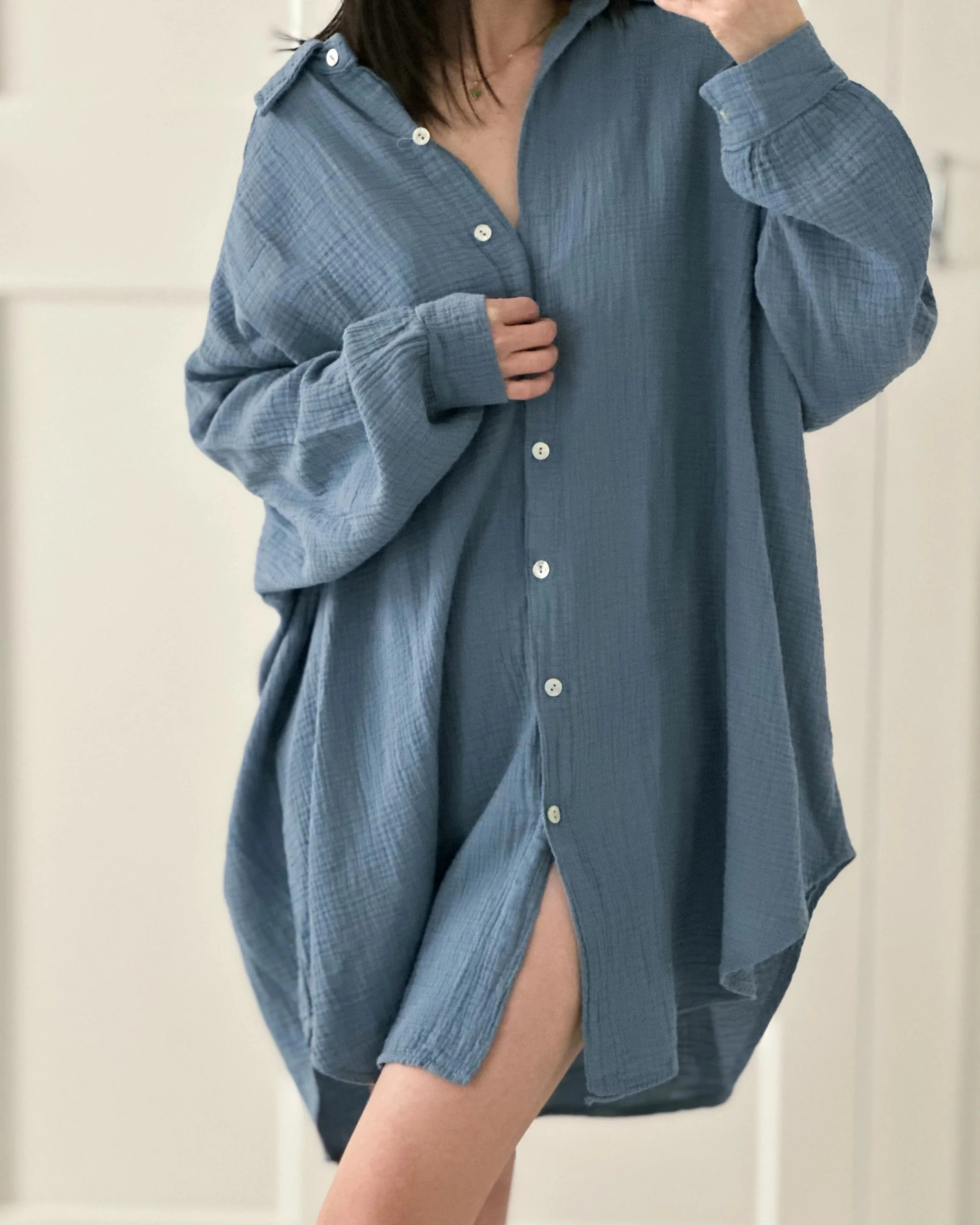 Blusa de muselina, larga oversize, azul grisáceo
