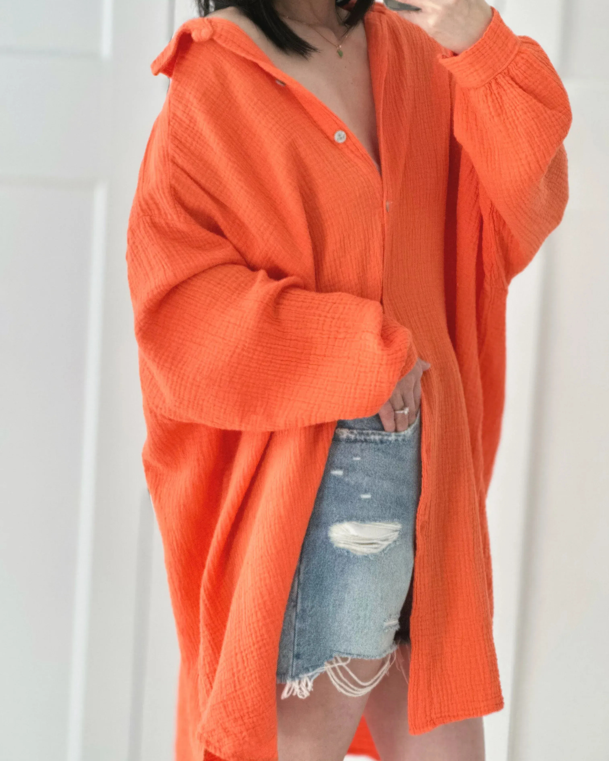 Blusa de muselina, larga, oversize, color naranja