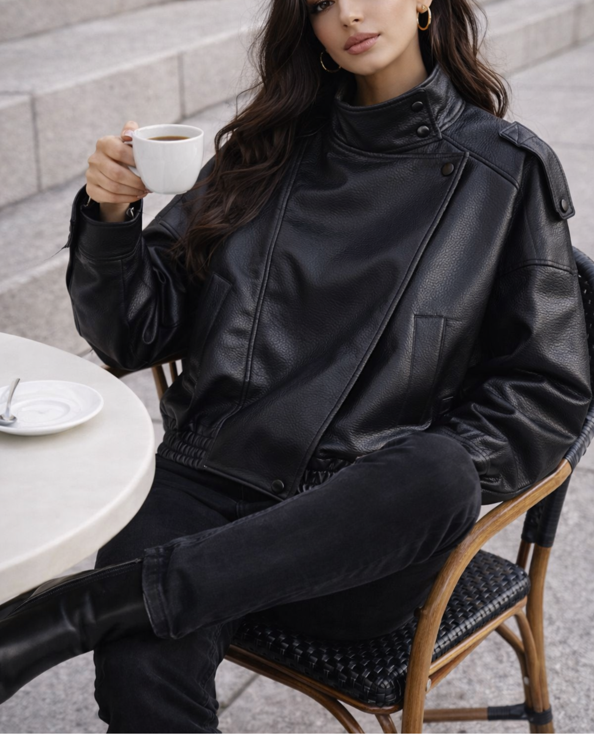 LAURA-Chaqueta de cuero de moda para mujer Otoño Invierno suelta casual PU