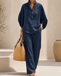 Maribel | Conjunto de lino con mangas murciélago y pantalón ancho