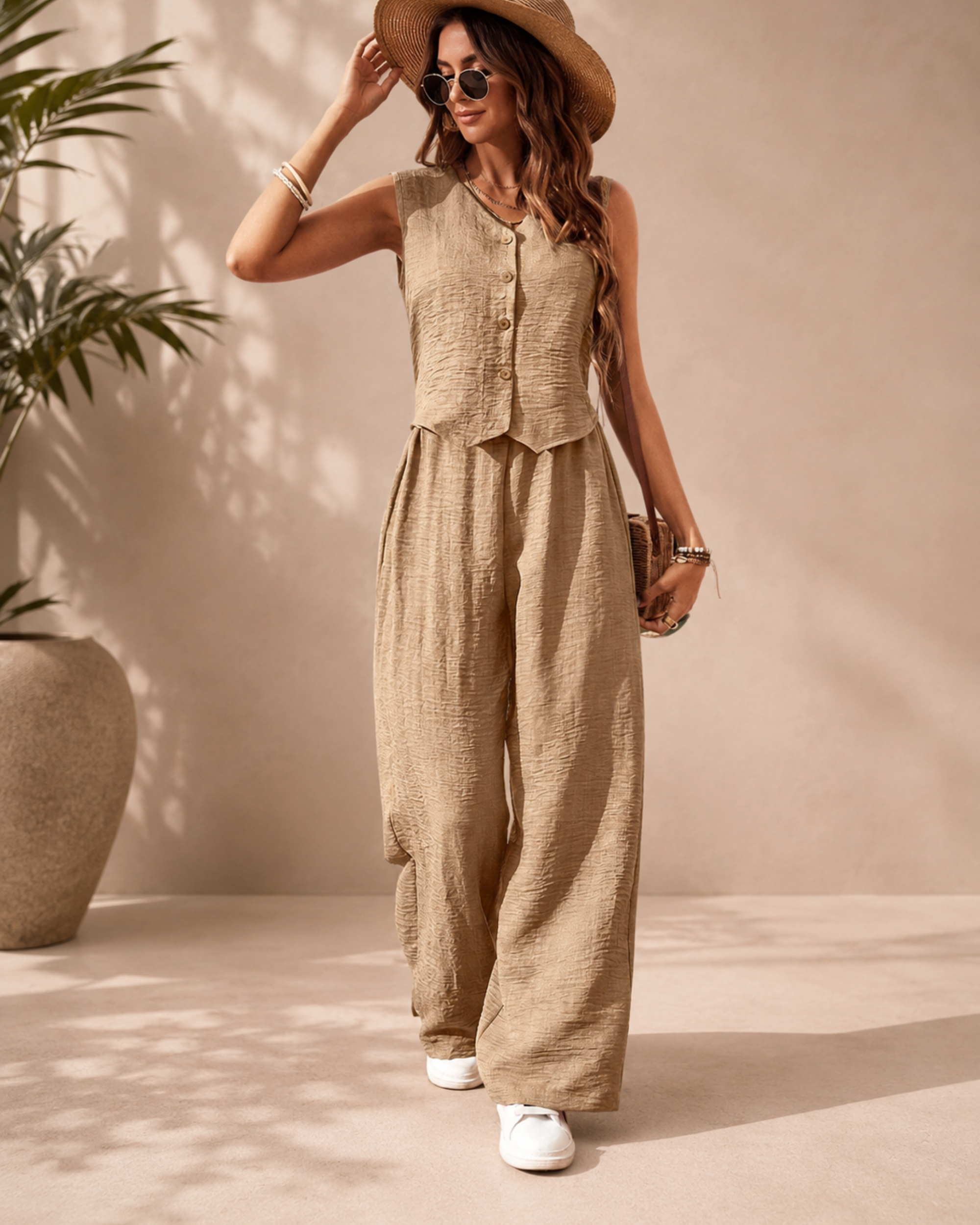 Conjunto Elegante de Dos Piezas para Mujer – Chaleco sin Mangas y Pantalón Palazzo
