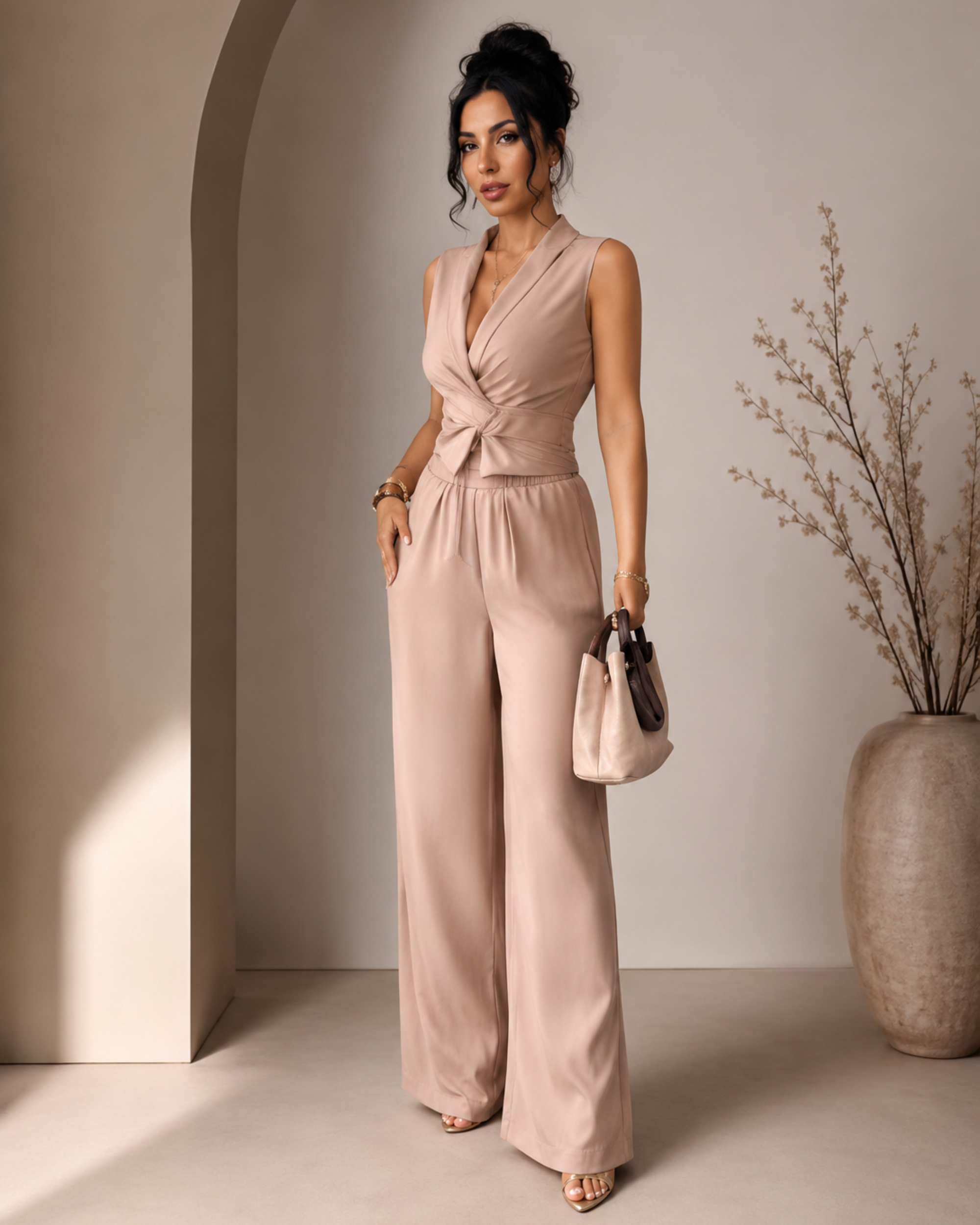 Isa |Conjunto Elegance Nude Palazzo – Sofisticación y Estilo Atemporal