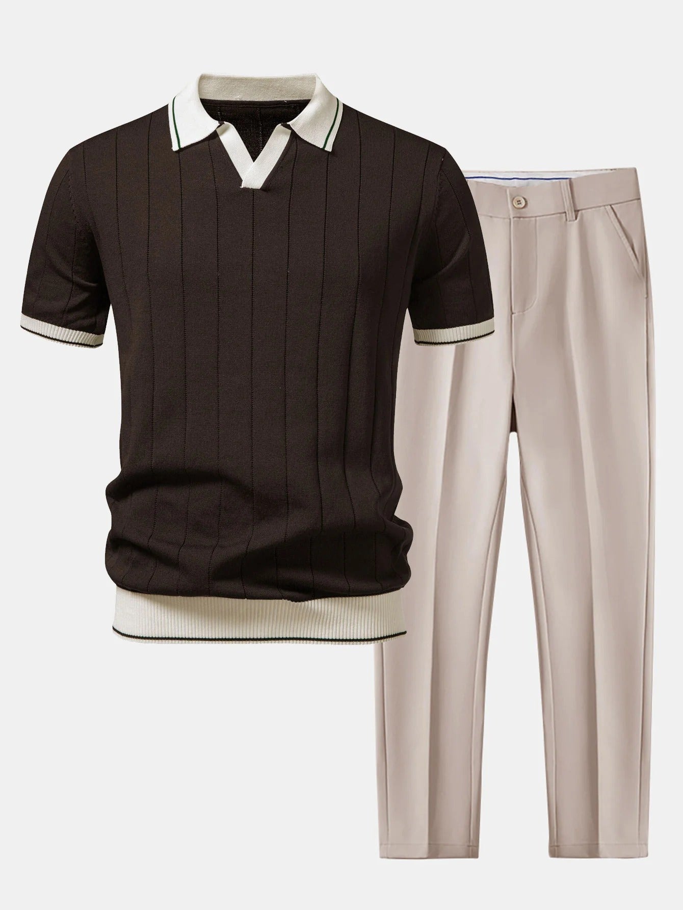 Polo de punto con cuello Johnny acanalado y ribete en contraste y pantalones ajustados de corte cónico.