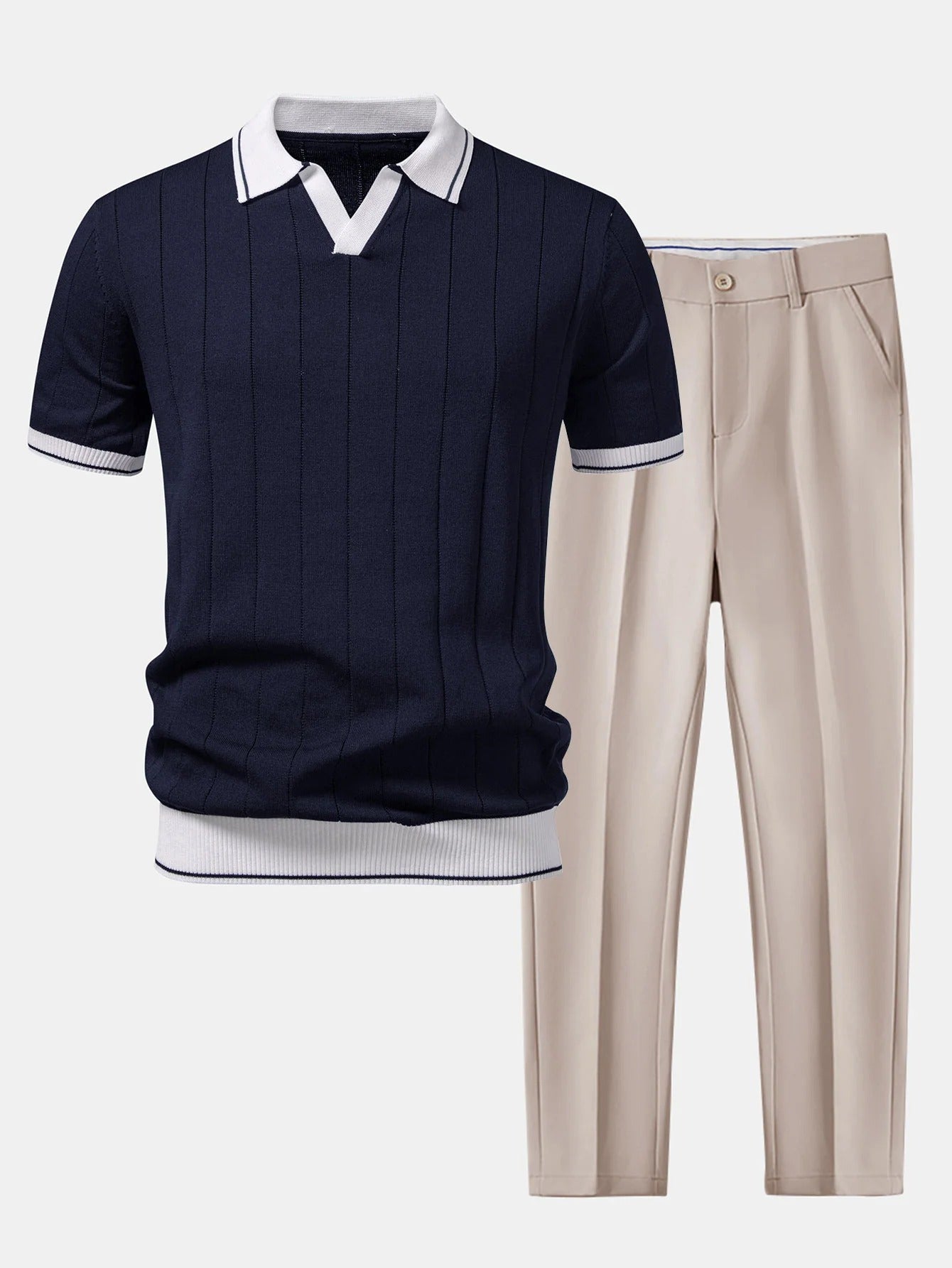 Polo de punto con cuello Johnny acanalado y ribete en contraste y pantalones ajustados de corte cónico.
