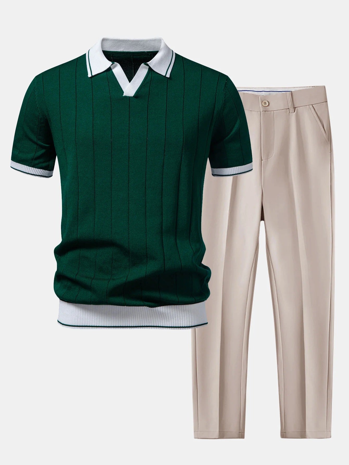 Polo de punto con cuello Johnny acanalado y ribete en contraste y pantalones ajustados de corte cónico.