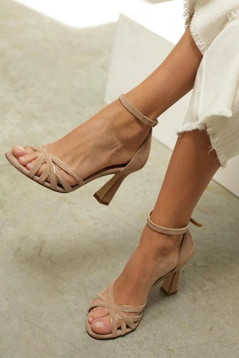 Marta | Sandalias de patchwork con punta redonda y tacón fino