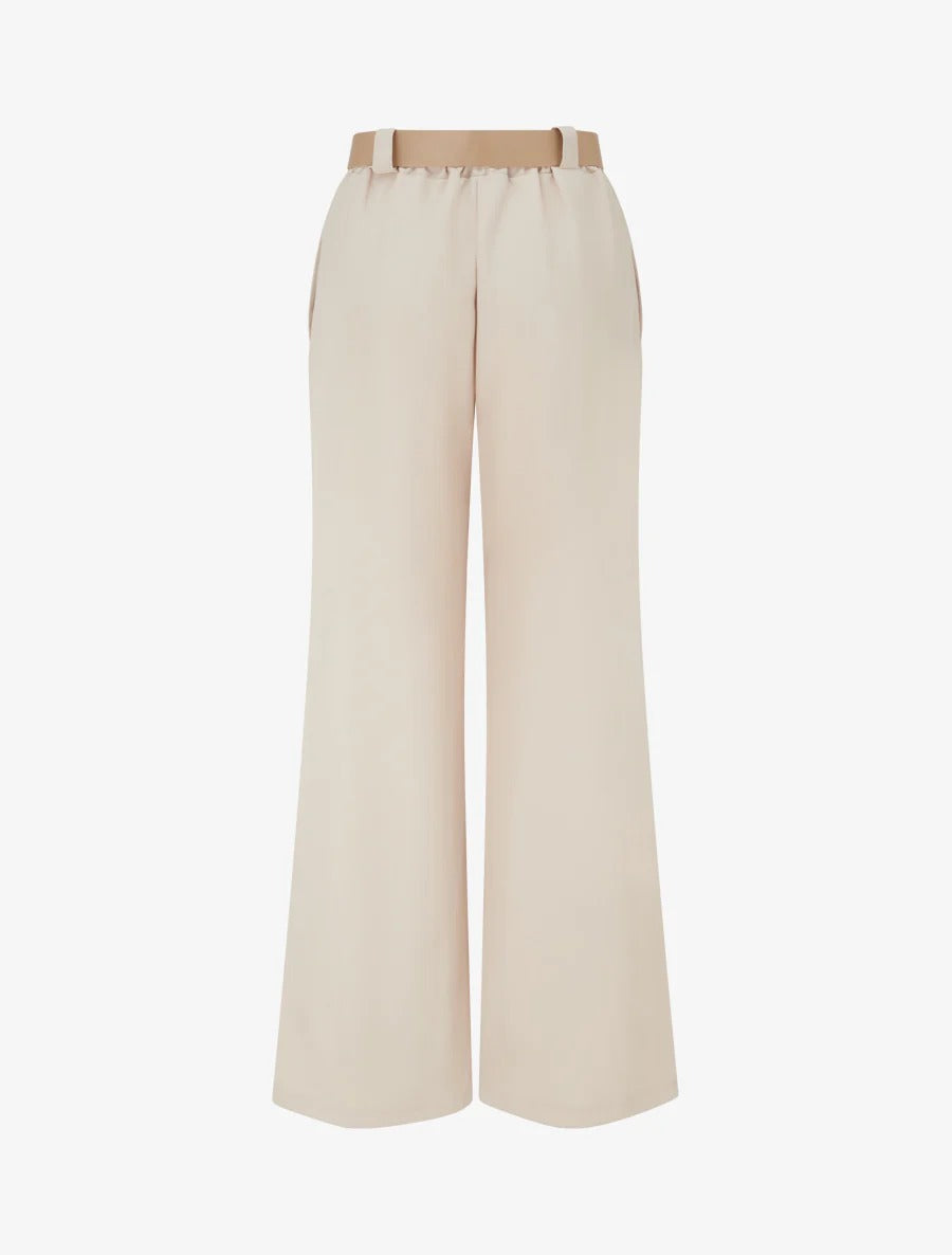 Pantalones rectos lisos con cintura elástica - Beige
