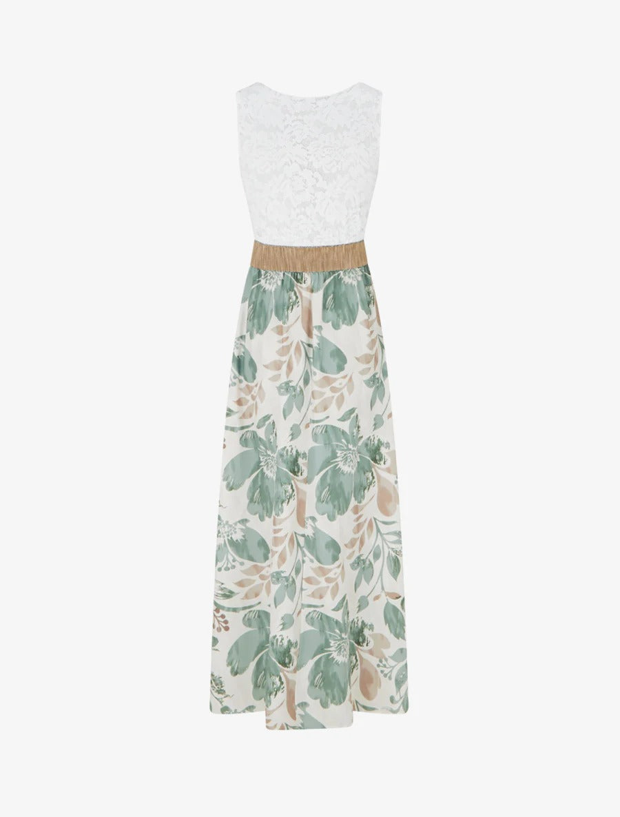 Vestido largo con encaje y estampado floral - Caqui claro