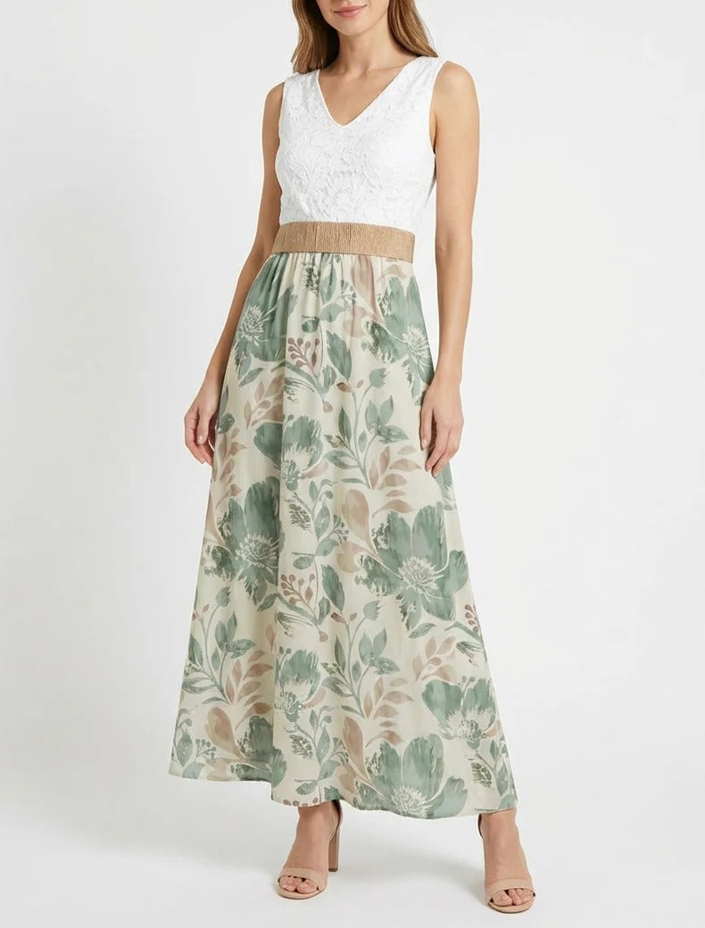 Vestido largo con encaje y estampado floral - Caqui claro