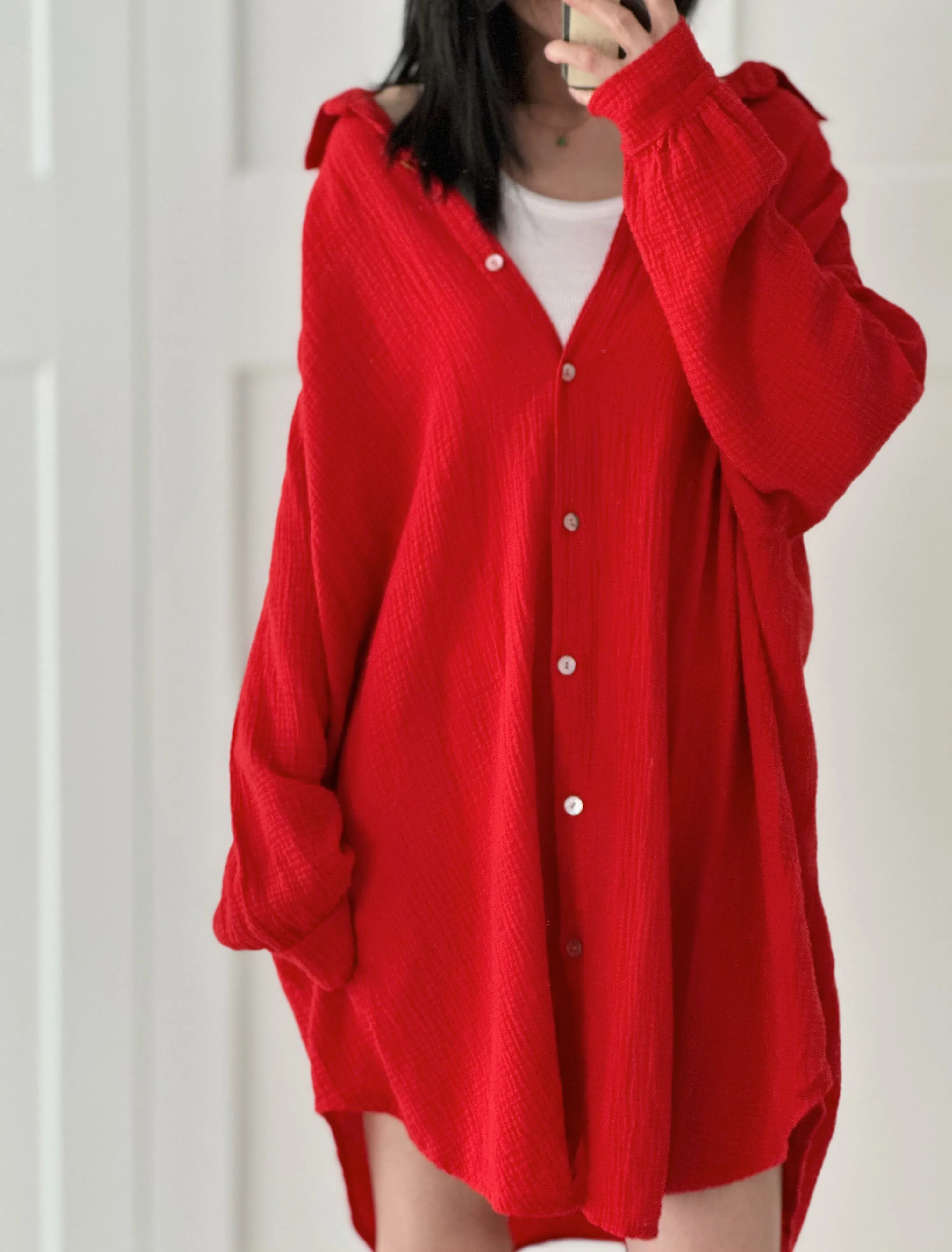 Blusa de muselina, larga, oversize, roja