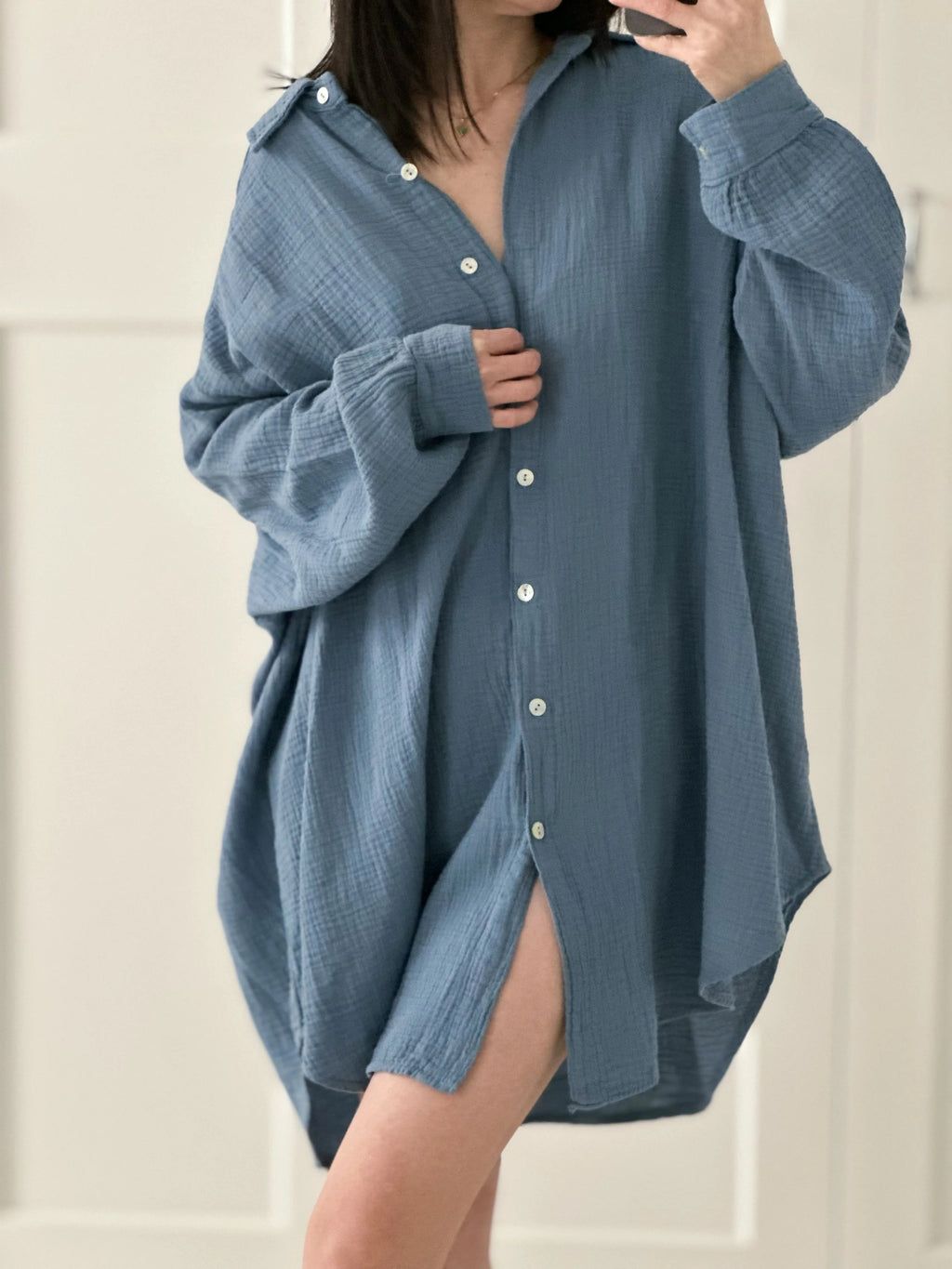 Blusa de muselina, larga oversize, azul grisáceo