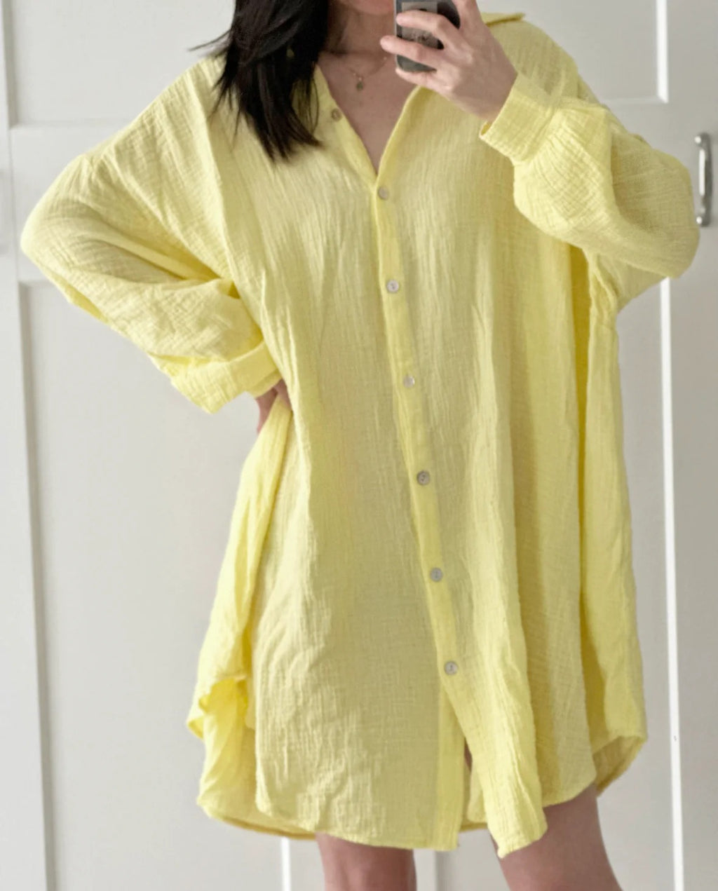 Blusa de muselina, larga, oversize, color amarillo mantequilla