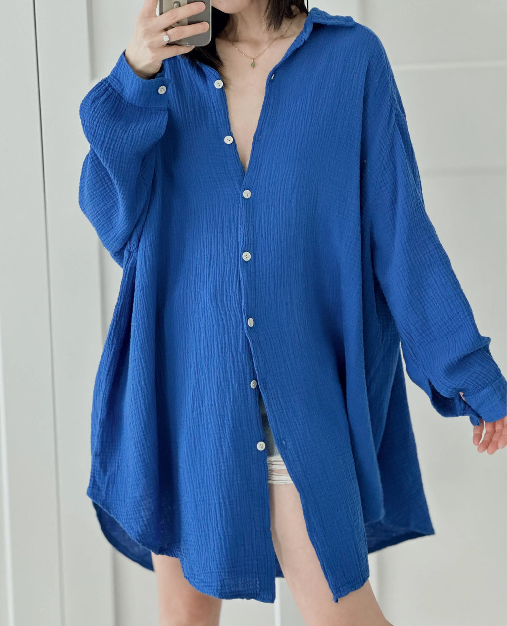 Blusa de muselina, larga, oversize, azul