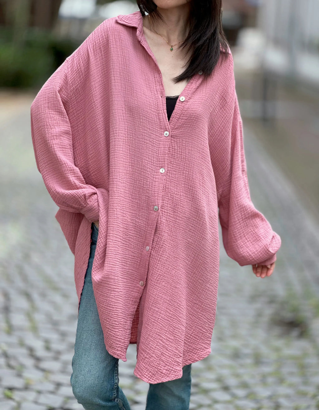 Blusa de muselina, larga, oversize, color baya