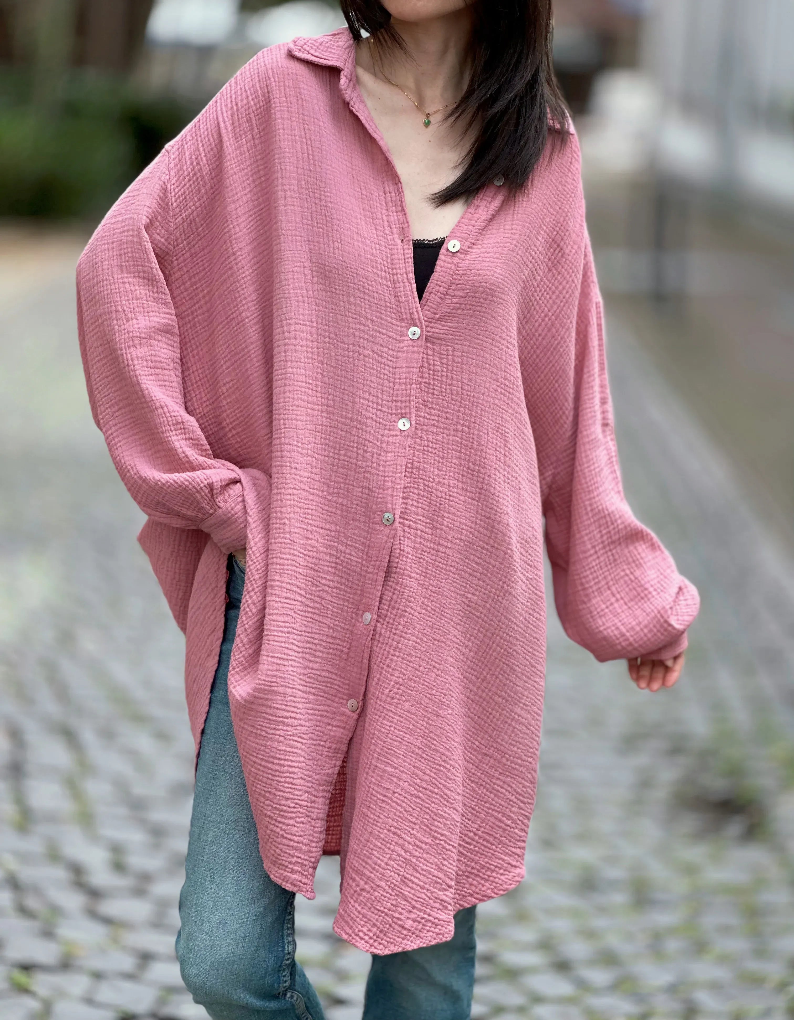 Blusa de muselina, larga, oversize, color baya