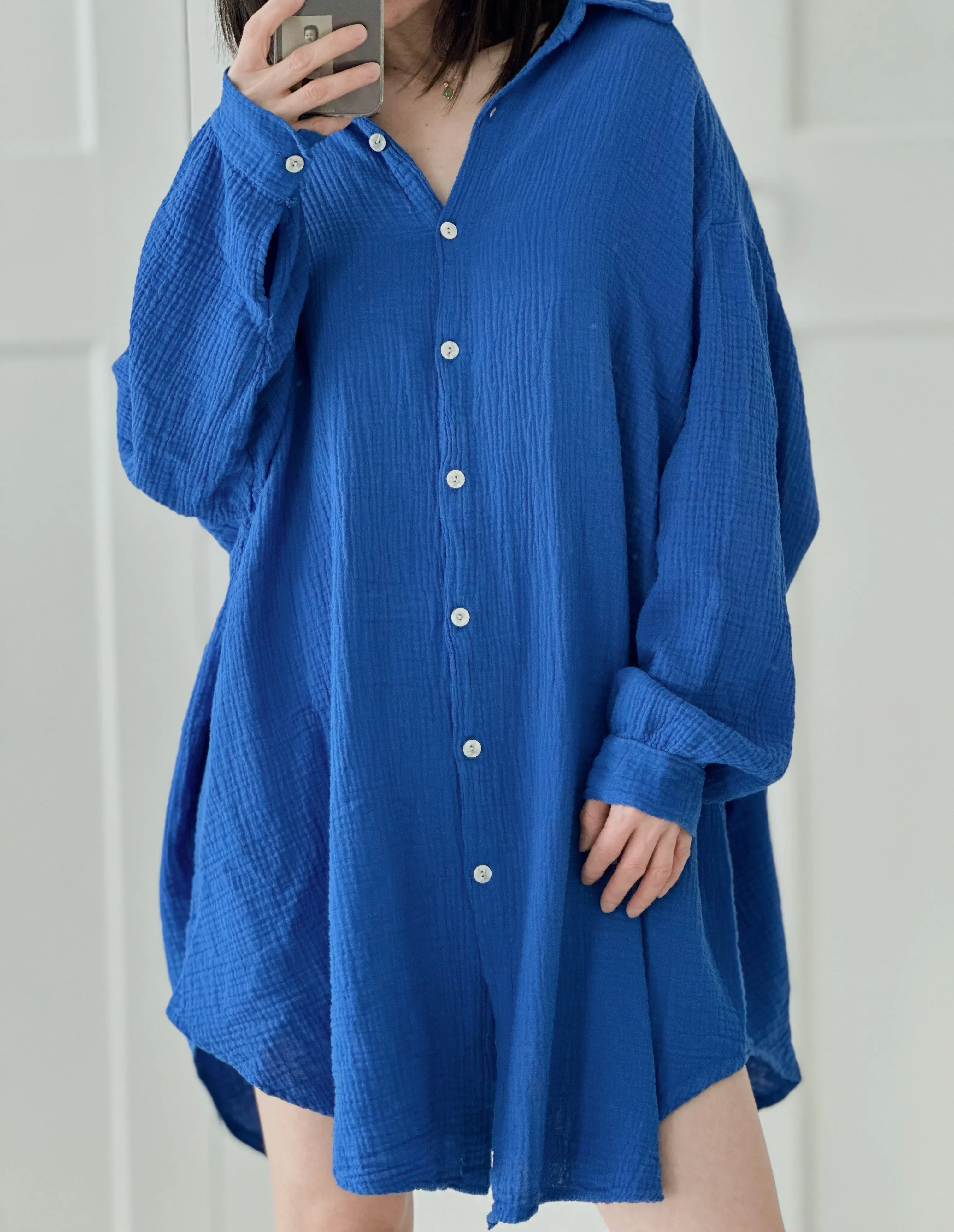 Blusa de muselina, larga, oversize, azul