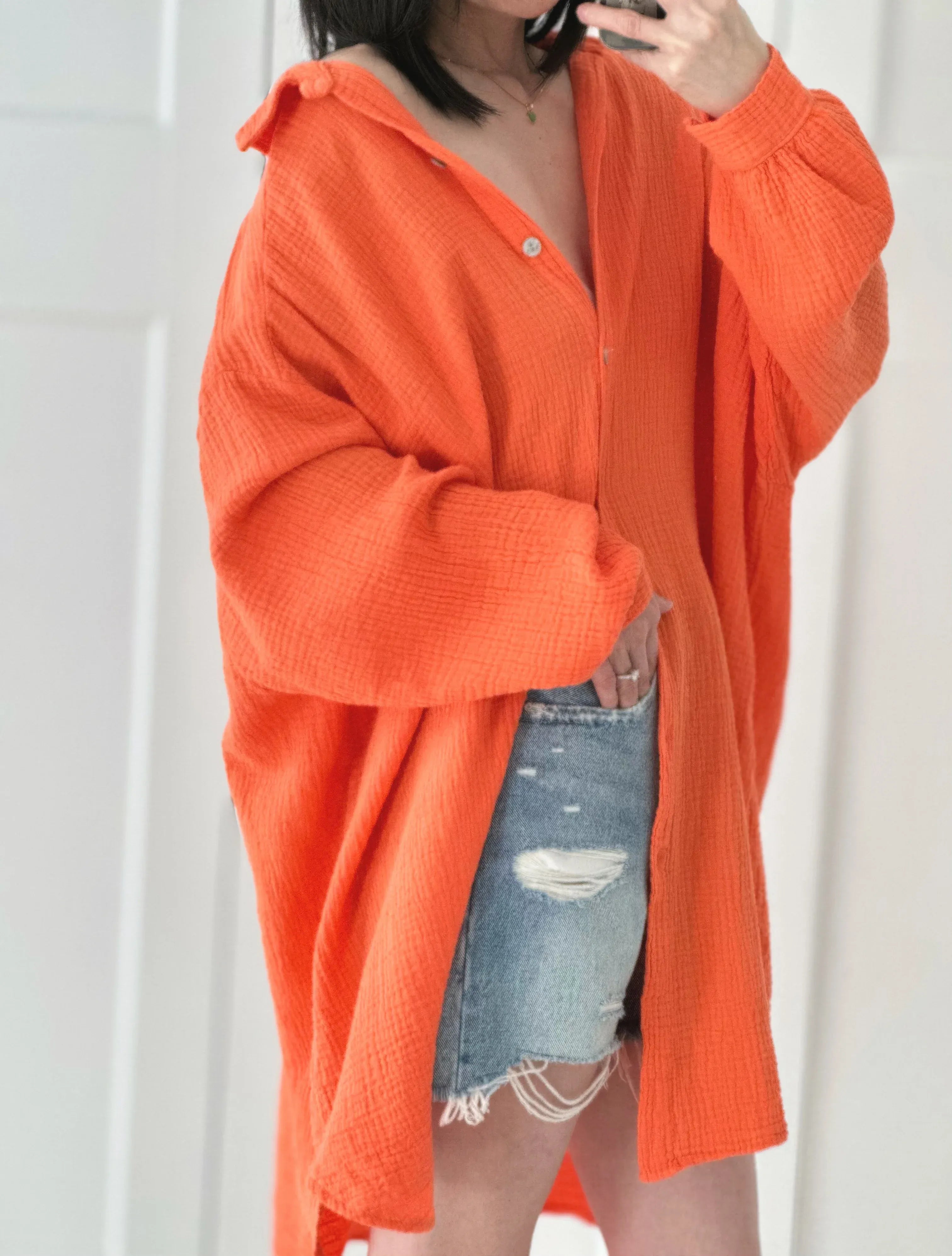 Blusa de muselina, larga, oversize, color naranja