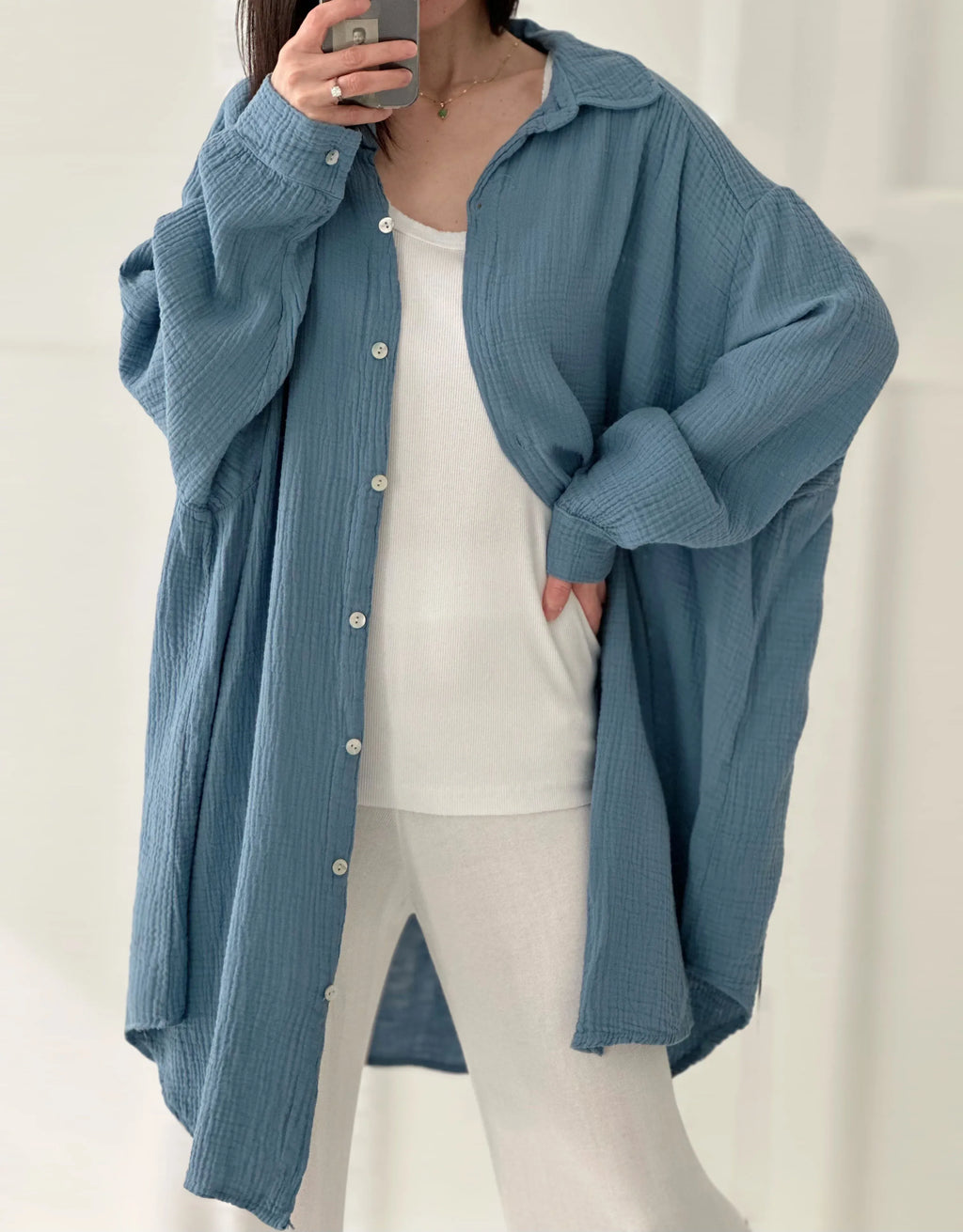 Blusa de muselina, larga oversize, azul grisáceo