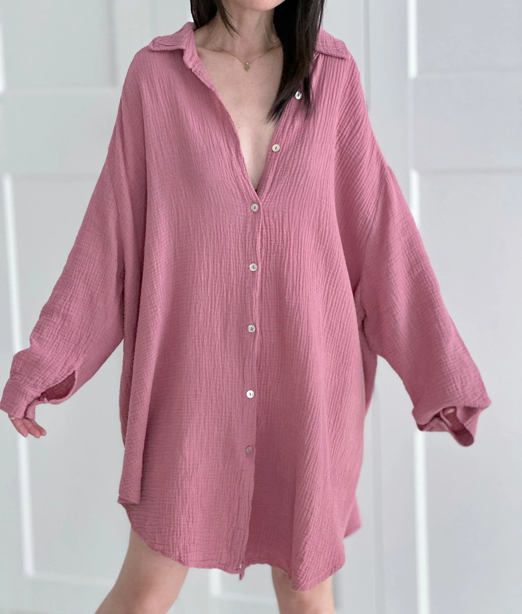 Blusa de muselina, larga, oversize, color baya