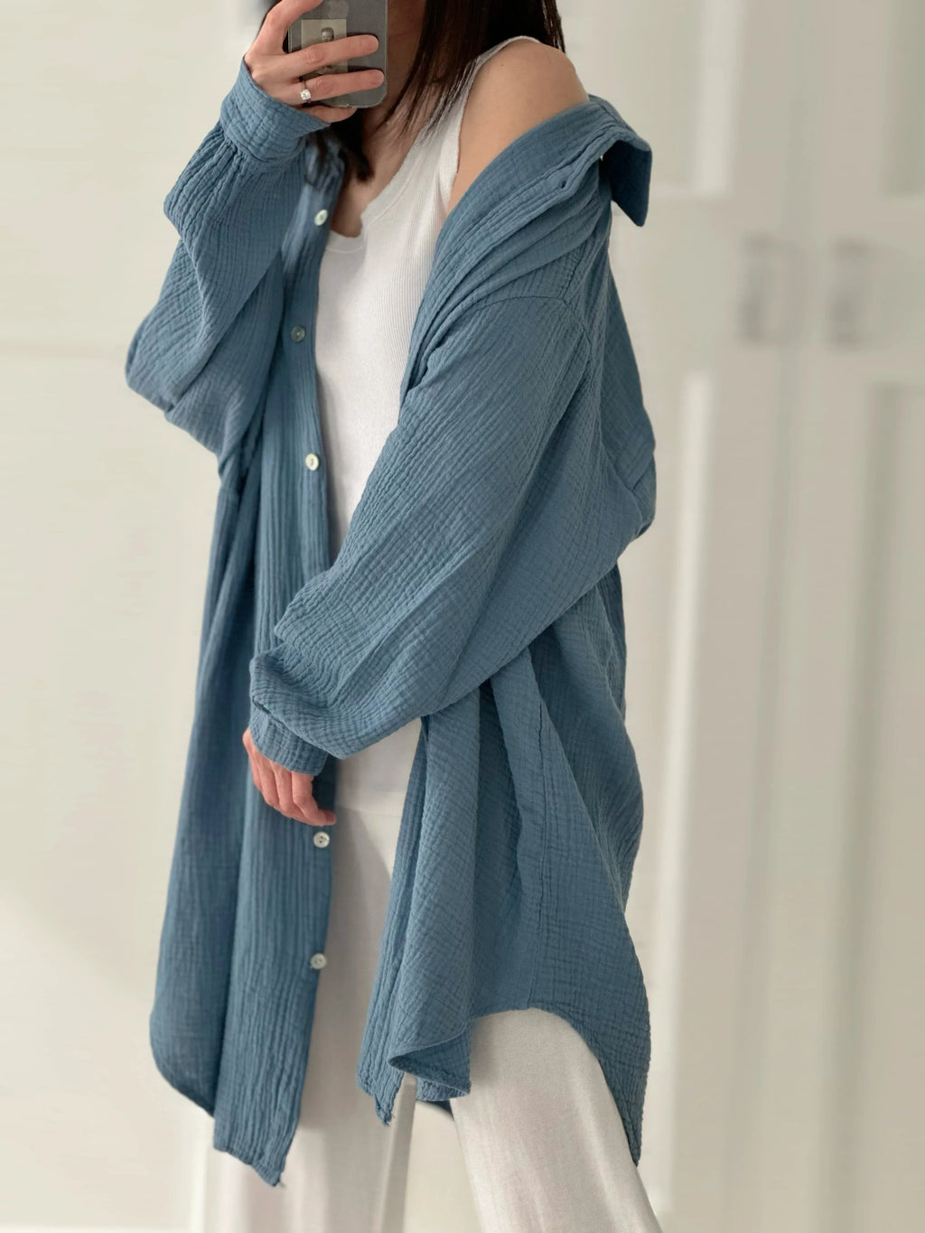 Blusa de muselina, larga oversize, azul grisáceo