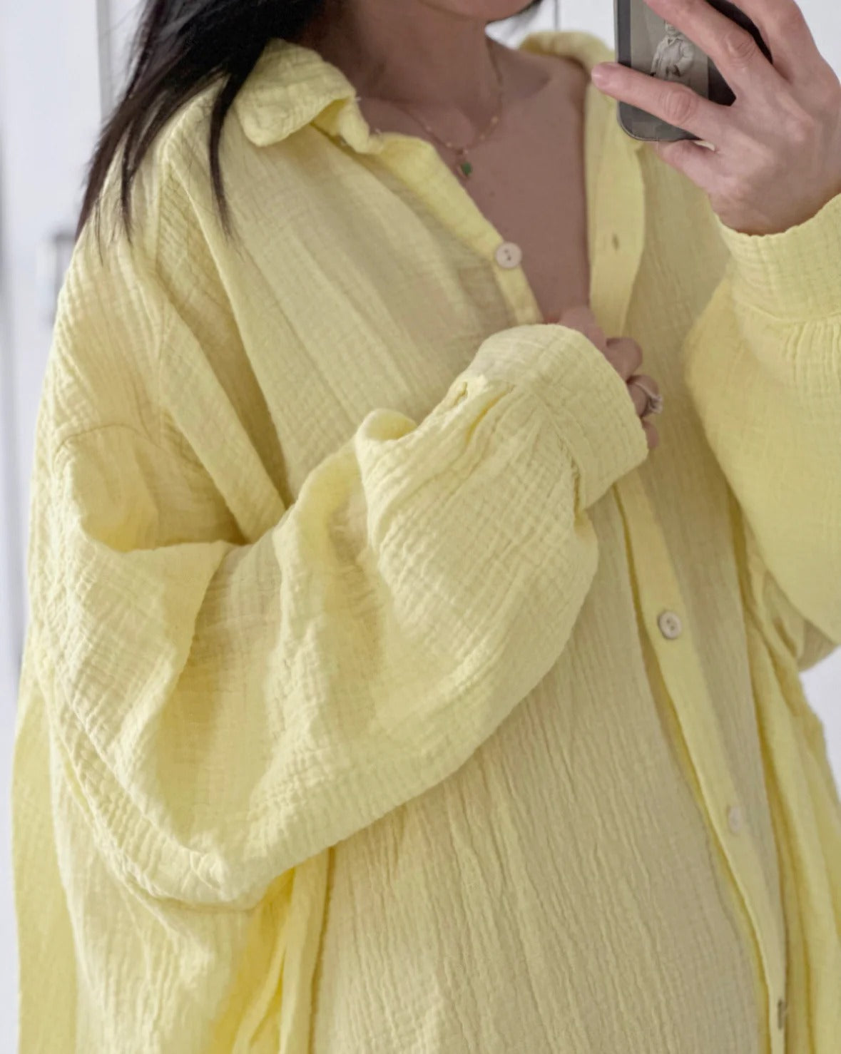 Blusa de muselina, larga, oversize, color amarillo mantequilla