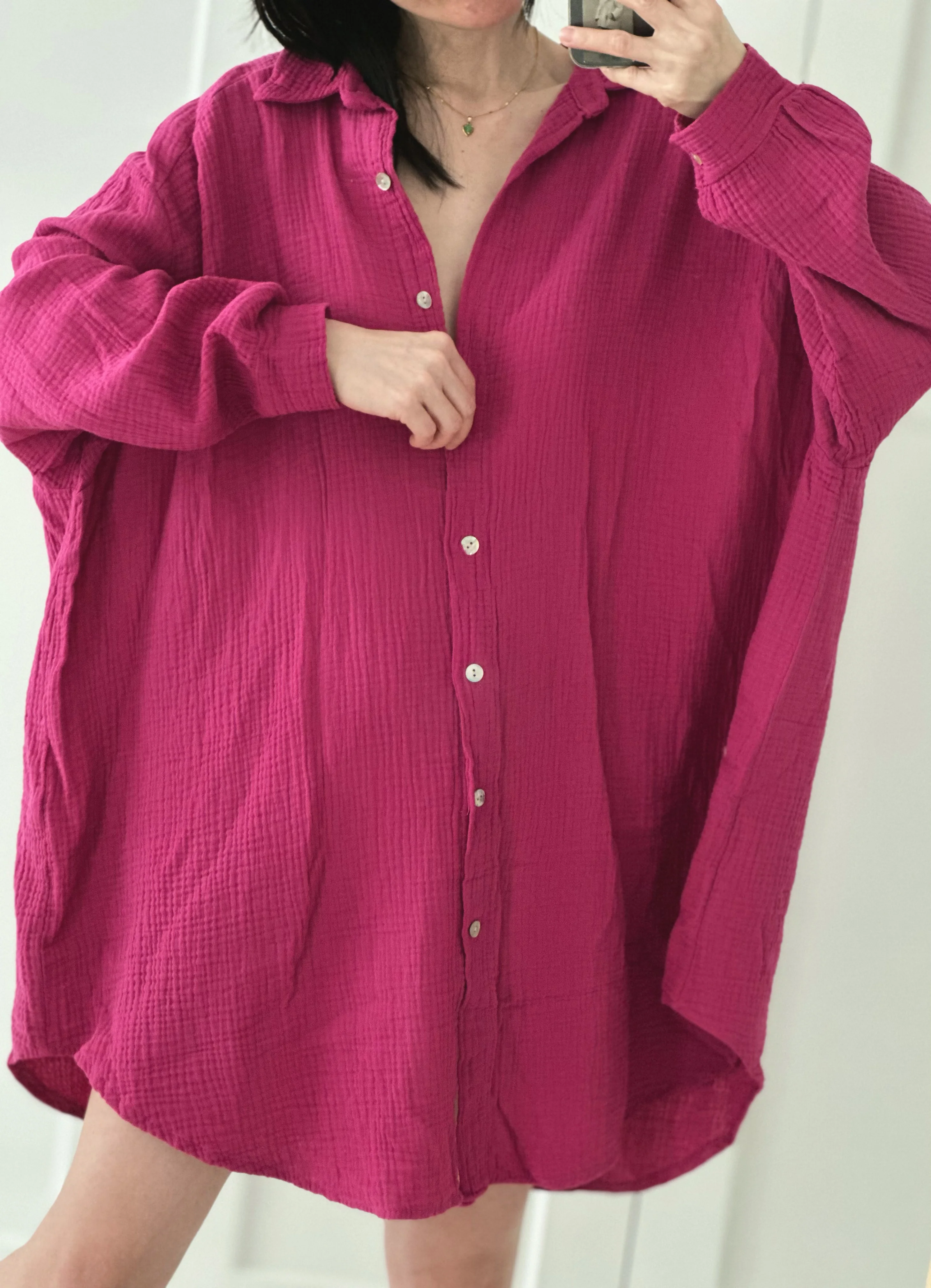Blusa de muselina, larga oversize, color fucsia