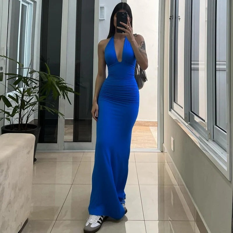 Vestido Largo Elegante Halter | Escote Profundo y Corte Ajustado