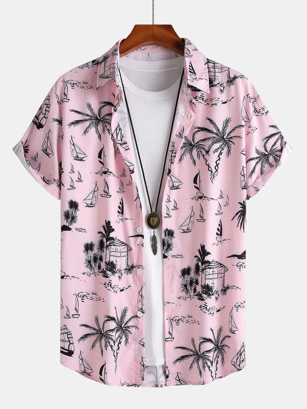 Camisa de botón con estampado de velero de palmera y pantalones cortos de baño