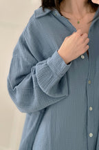 Blusa de muselina, larga oversize, azul grisáceo